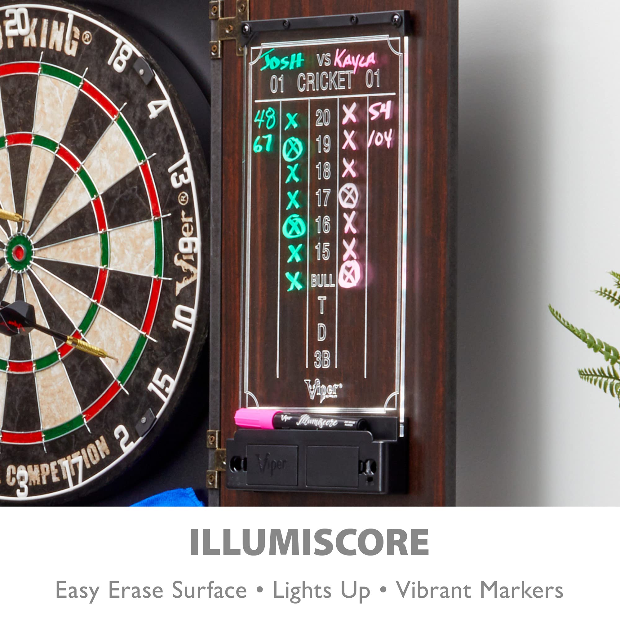 Viper By Gld Products Vault Deluxe Dartboard Cabinet With Shot King Sisal Dartboard And Illumiscore Scoreboard, Wood
