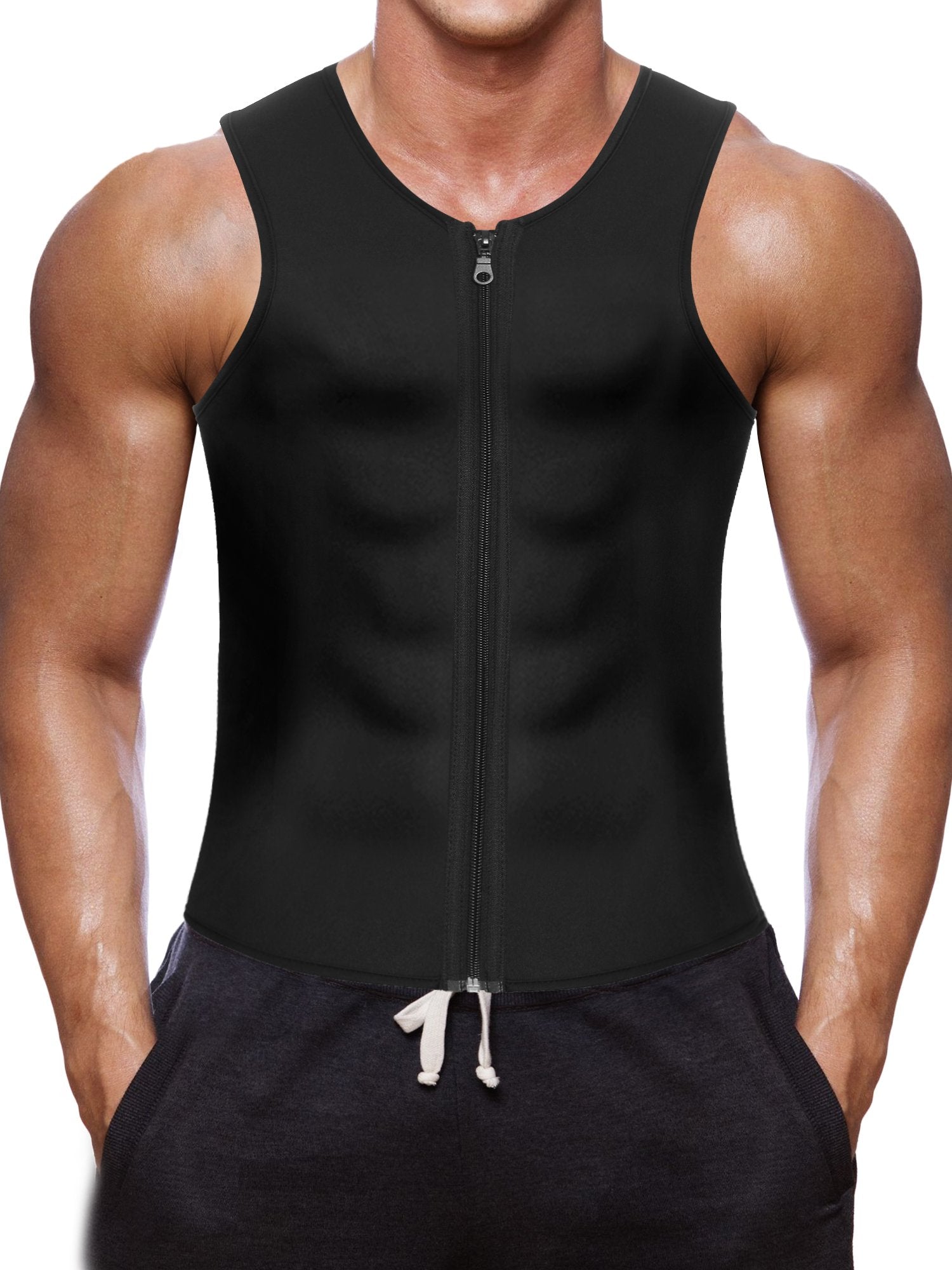 Wonderience Men Waist Trainer Vest Hot Neoprene Sauna Suit Corset Body Shaper Zipper Tank Top Workout Shirt(Black, 4X-Large)