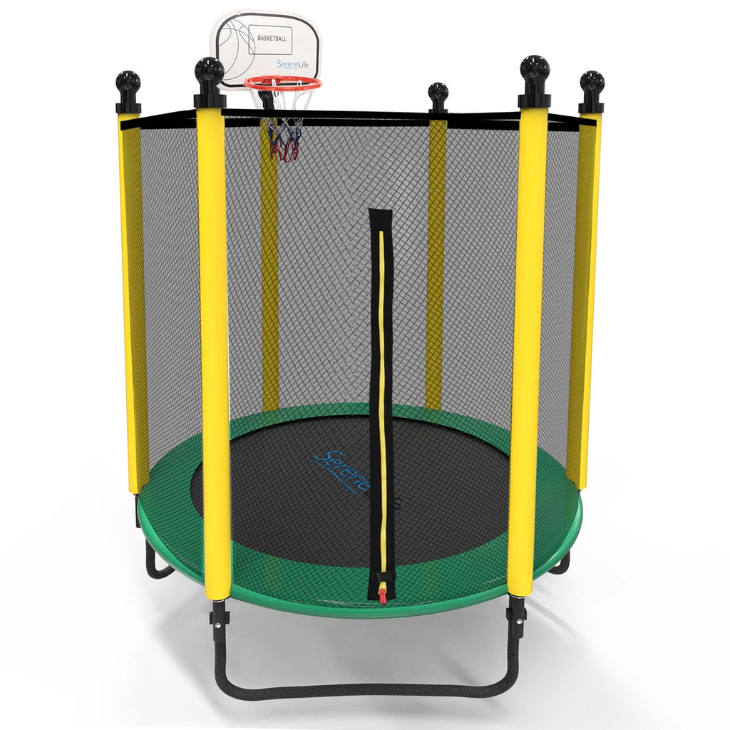 SereneLife 5FT Outdoor & Indoor Trampoline for Kids - Durable Mini Toddler Trampoline with Net Enclosure & Basketball Hoop - Sup