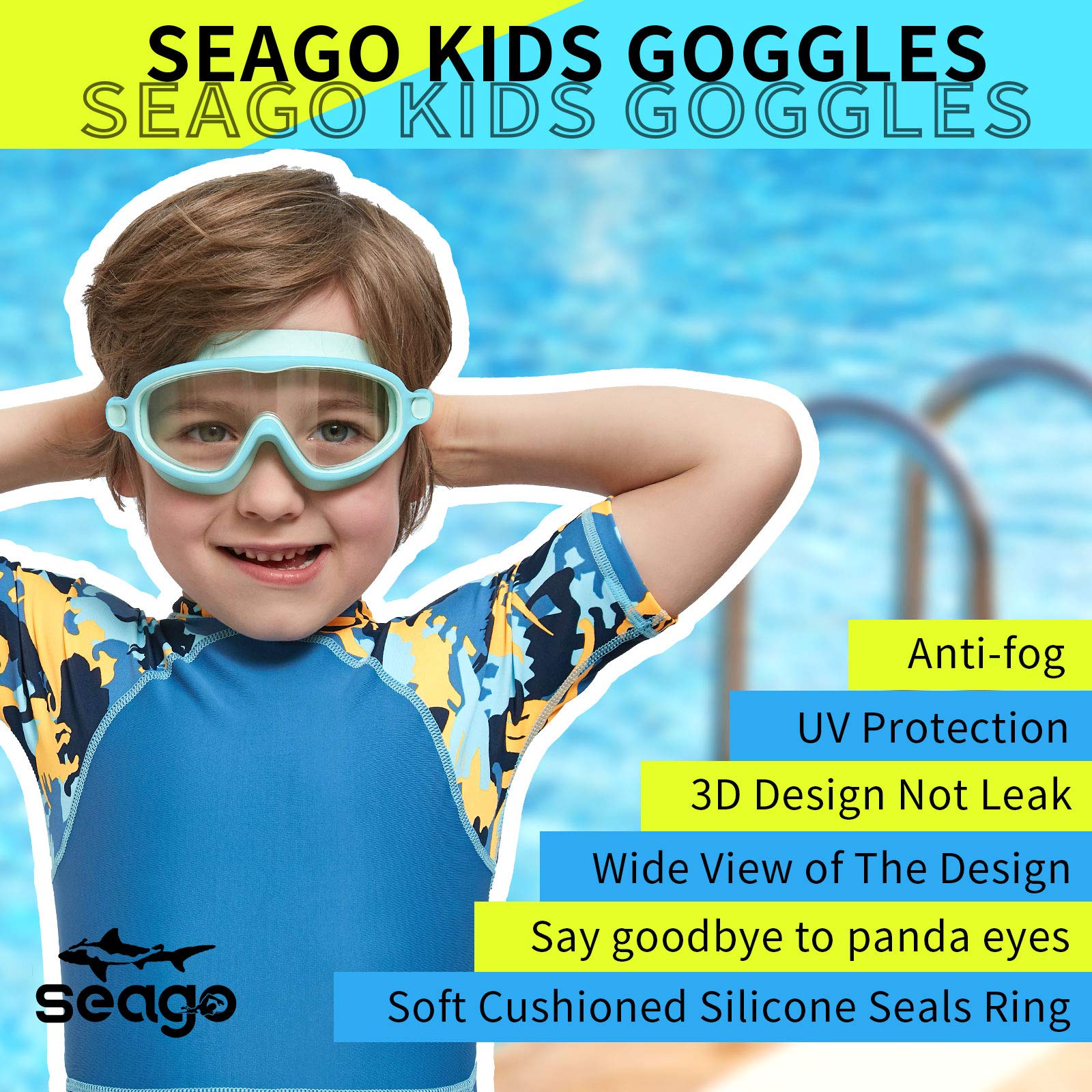 Seago Swim Goggles 2 Pack Anti-Fog Anti-Uv Wide View Uv Protection, Adjustable Swimming Goggles For Kids 3-15, Light Blue & Blac