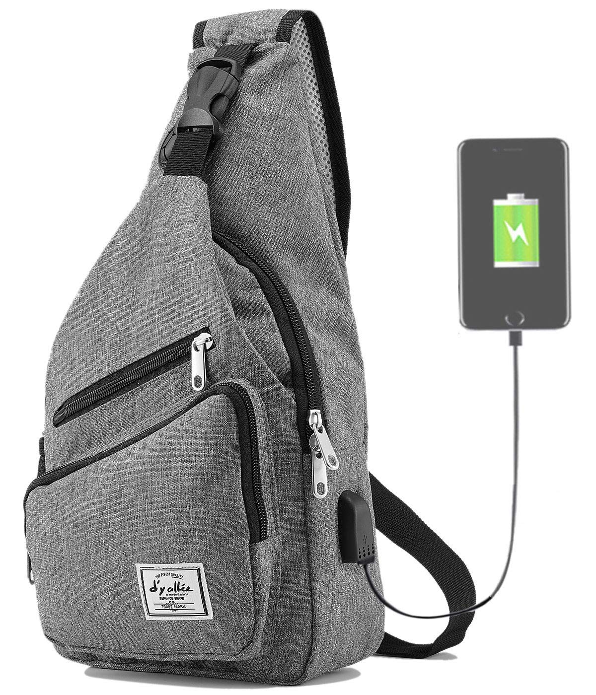 15.4 Sling Bag for Men Crossbody Shoulder Chest Bags Nylon for Travel Gym Sport Hiking with USB Charger Port