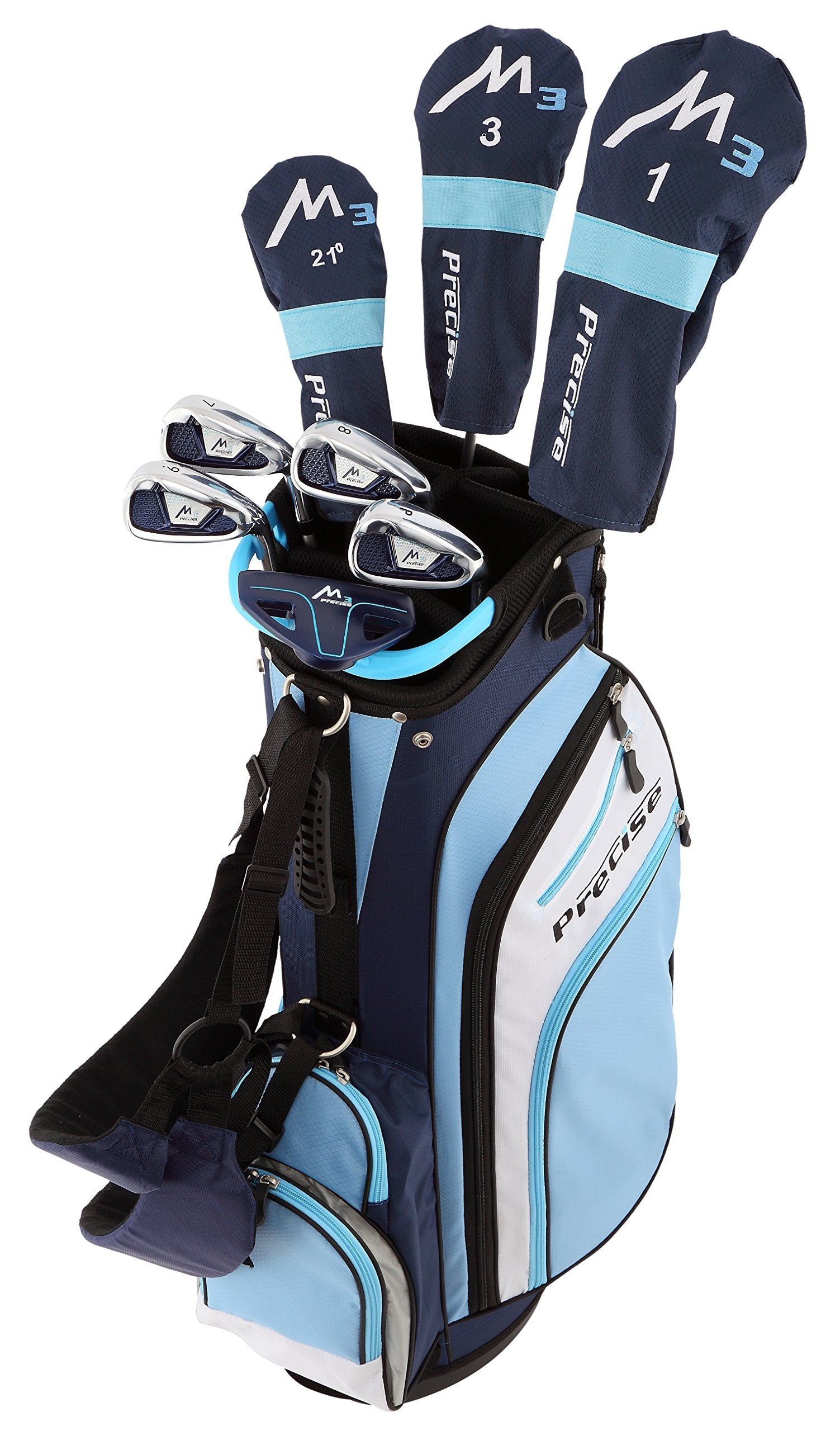 Precise M3 Ladies Womens Complete Golf Clubs Set Includes Driver, Fairway, Hybrid, 7-Pw Irons, Putter, Stand Bag, 3 H/Cs Blue -