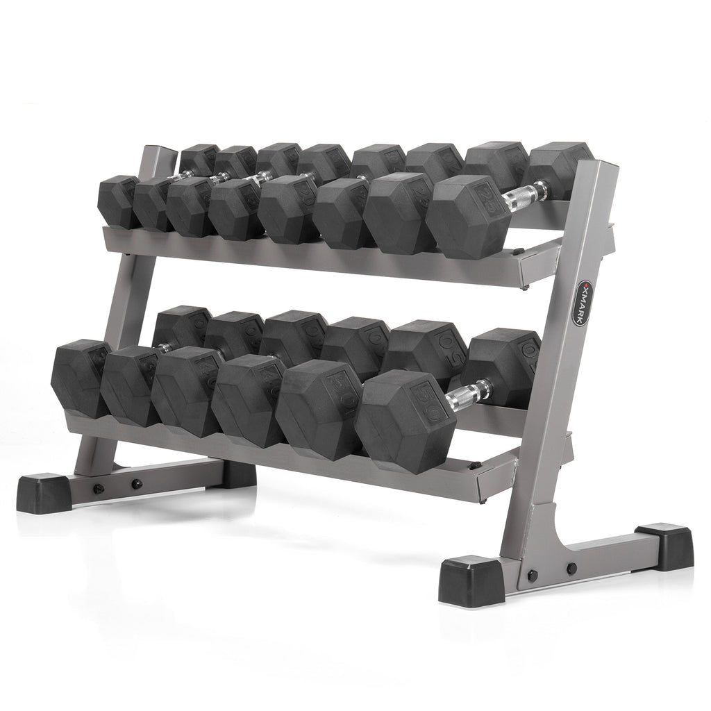 Xmark 380 Lb Rubber Encased Exercise & Fitness Hex Dumbbell Set, Dumbbell Set And Heavy Duty Dumbbell Rack, 10 To 50 Lb Hex Dumb