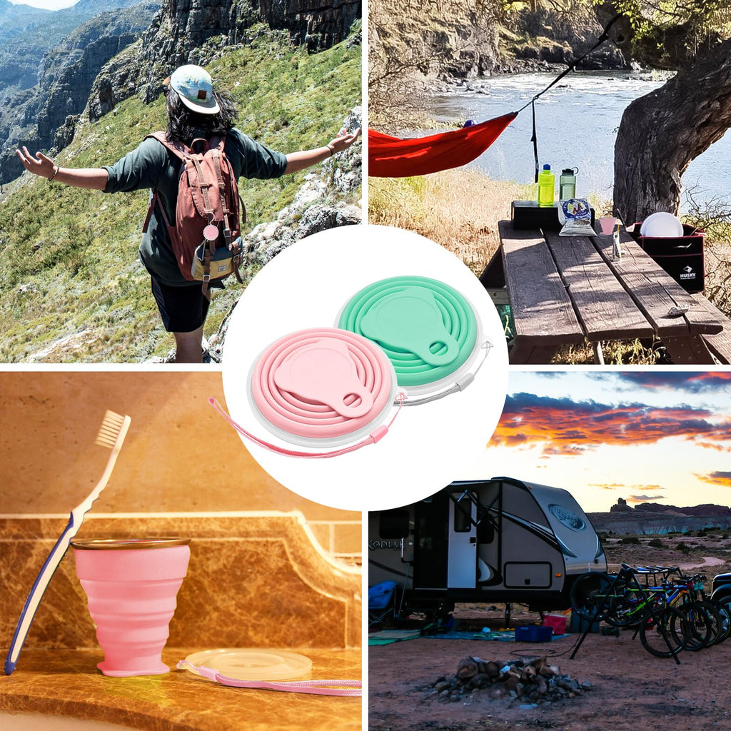 Litoexpe 2 Pack Silicone Collapsible Travel Cup Portable Folding Camping Cup Sets With Lids, Pink & Green, Capacity 9.22Oz (270M