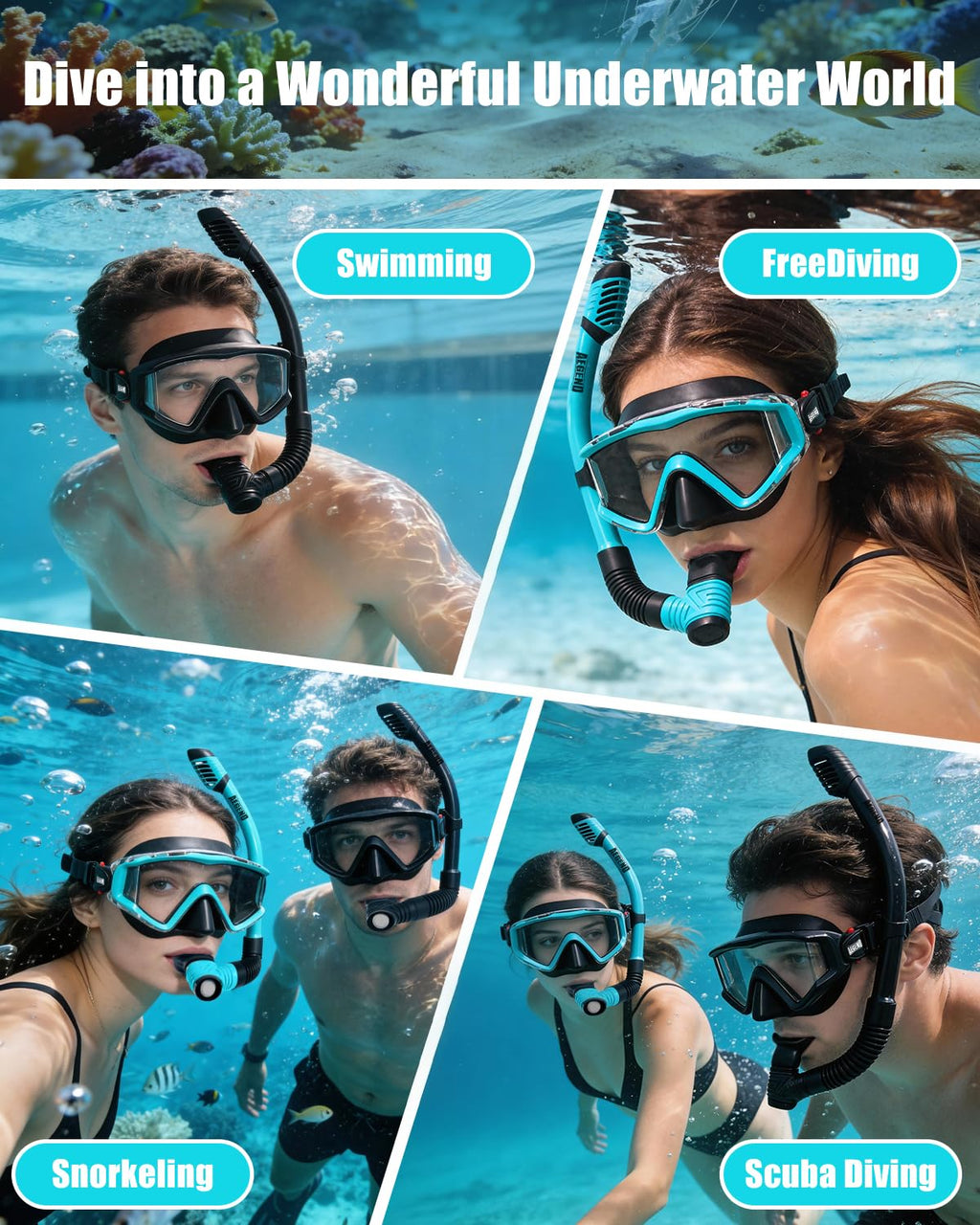 Aegend 2 Pack Snorkeling Gear for Adults, Dry Snorkel Set Panoramic View Enhanced Anti-Leak and Anti-Fog Technology, Adjustable