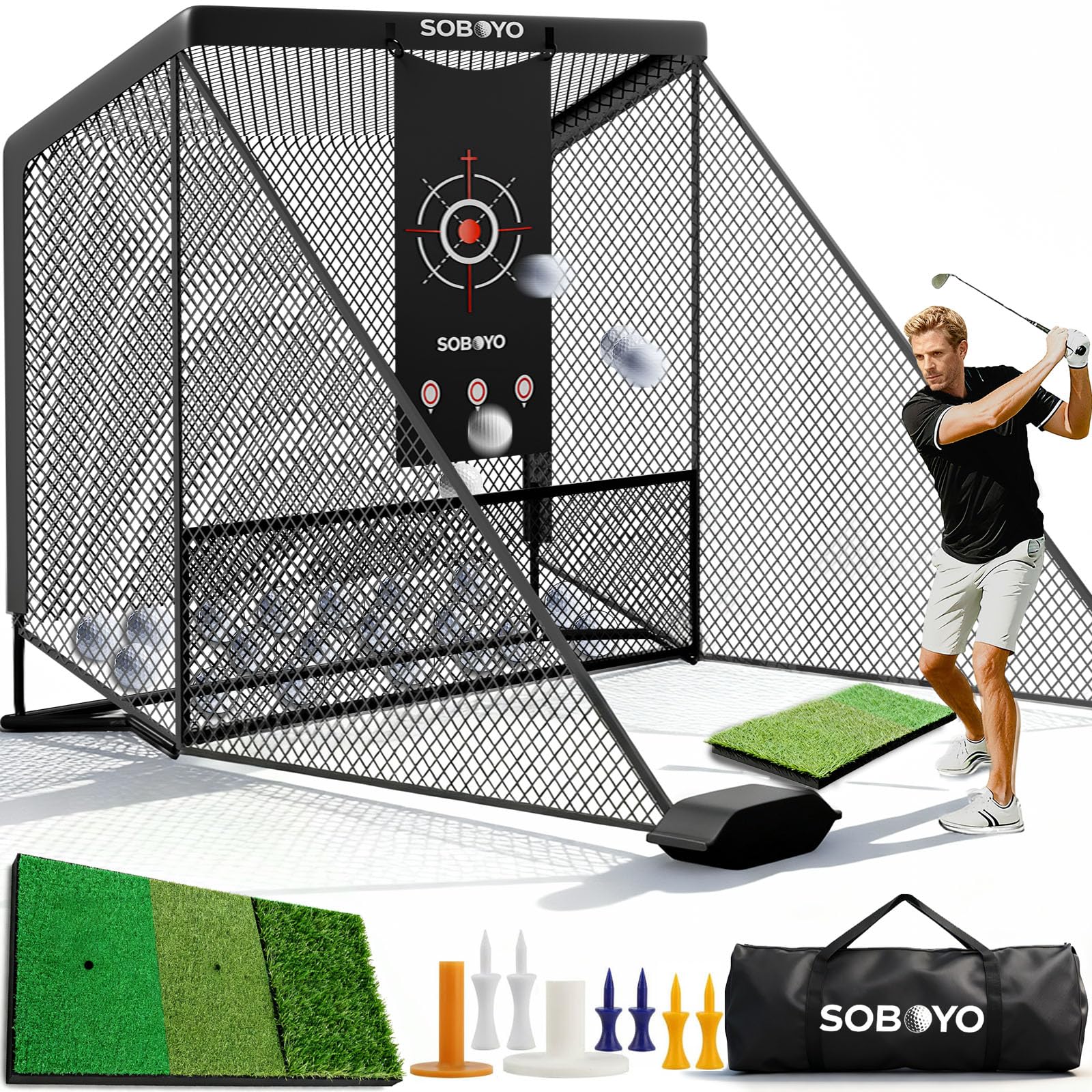 Golf Practice Hitting Net for Driving Real Balls, Indoor Chipping Swing Training Nets with Side Barriers Impact Target, 10 x 7.5
