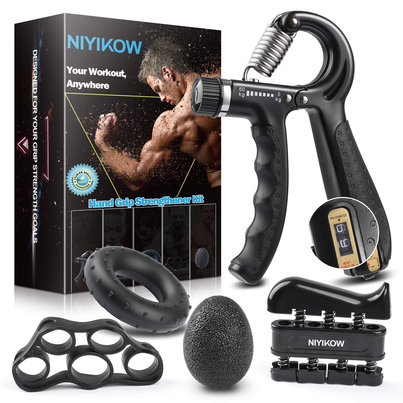 Niyikow Grip Strength Trainer Kit (5 Pack), Counting Grip Strength, Adjustable Hand Grip Strengthener, Finger Trainer, Finger St