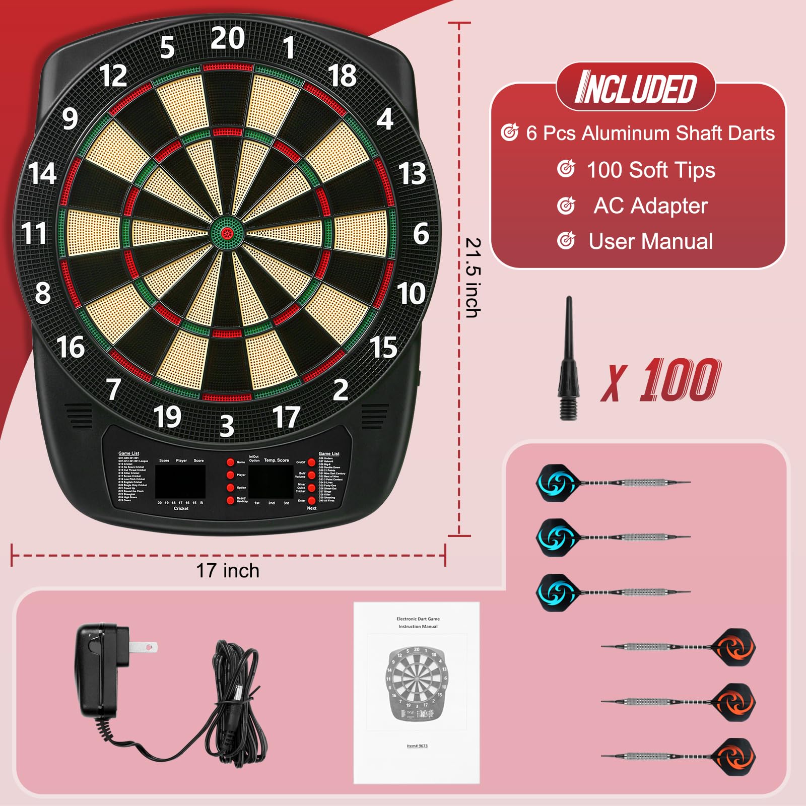 Electronic Dart Board, Soft Tip Dartboard Set 40 Games, 427 Variants Digital Electric Dart Boards With Colorful Led, 6 Darts, 10