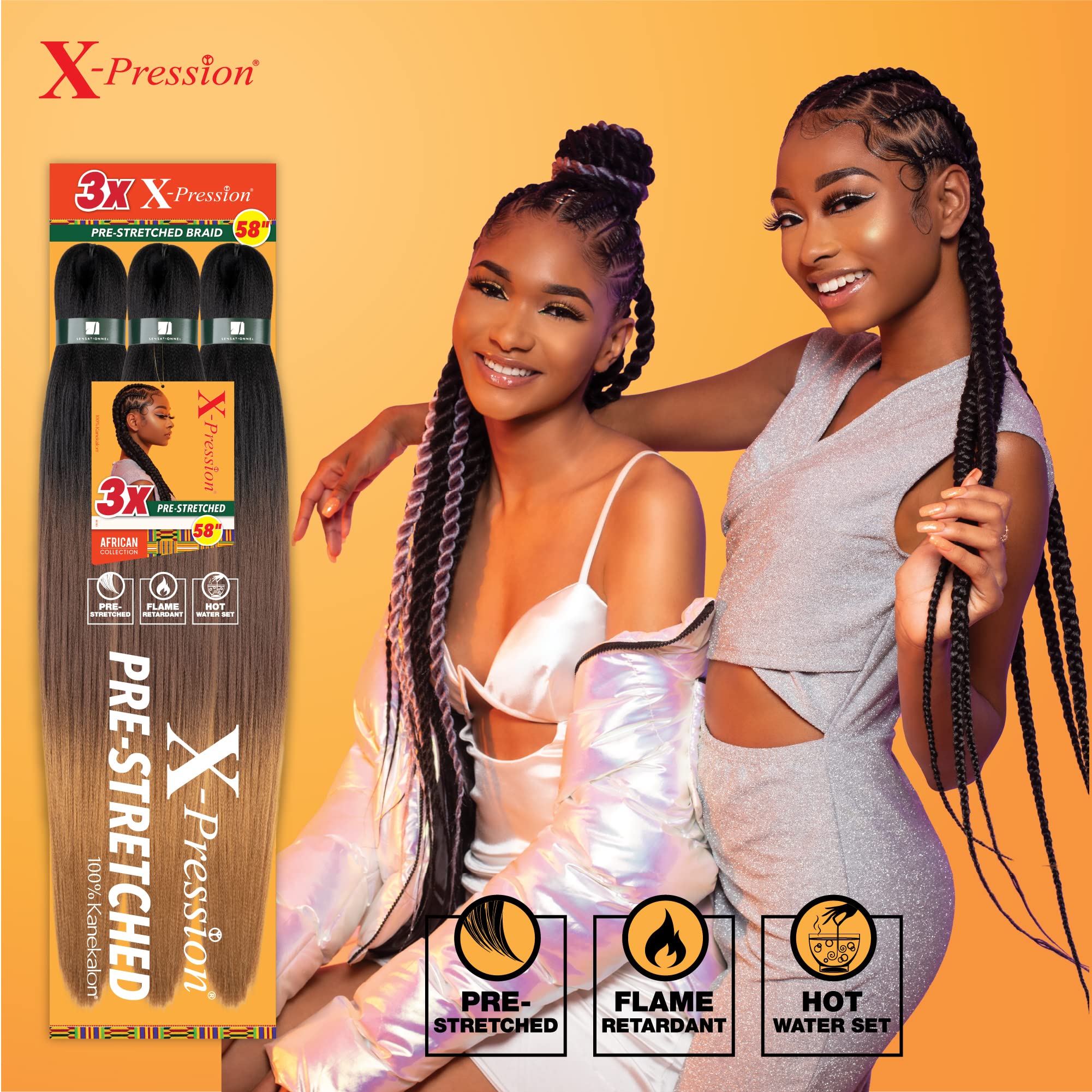 Sensationnel X-Pression Prestretched Braiding Hair - Kanekalon Flame Retardant Smooth Yaki Braid Hair Extension 3X 58 Inch (1 Pa