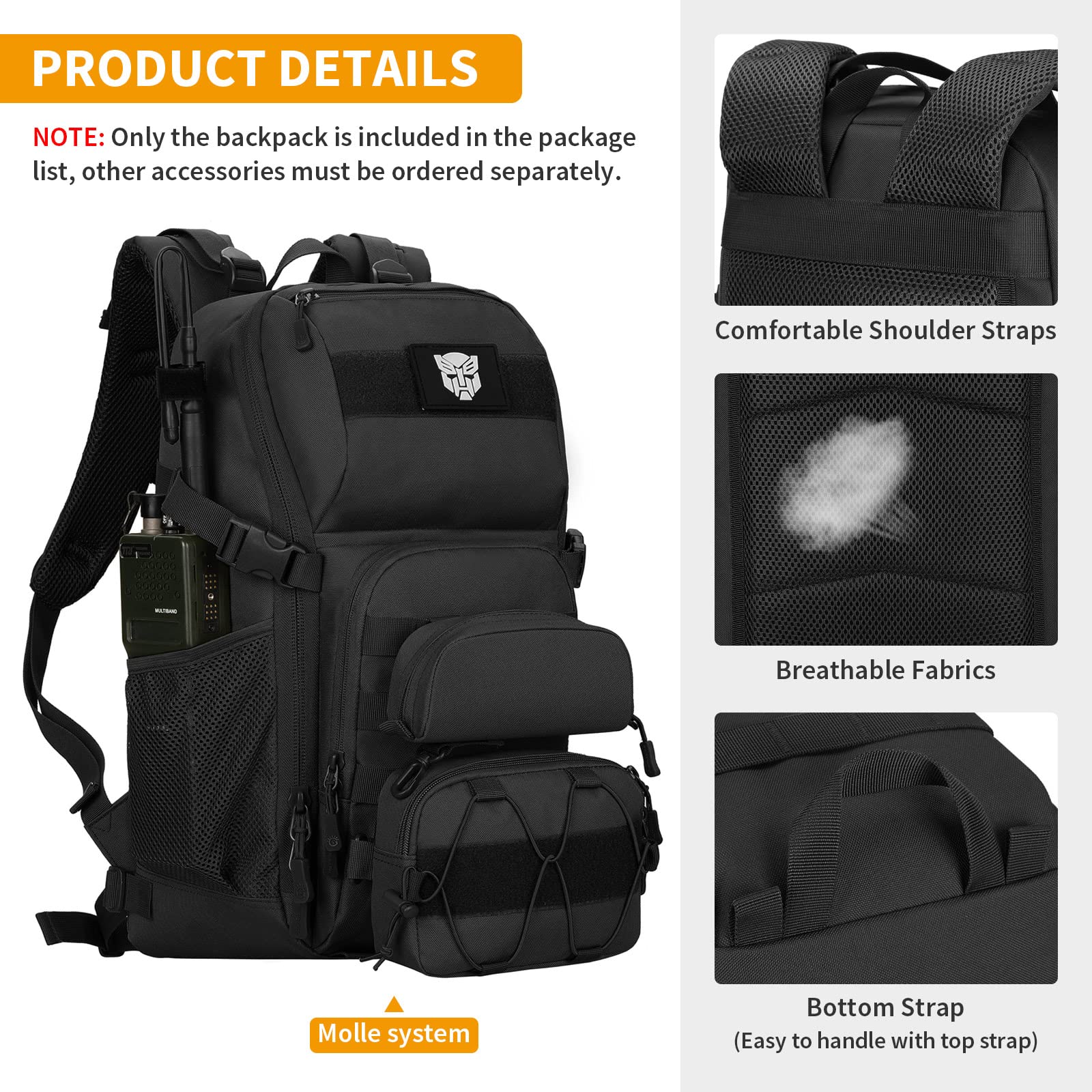 Huntvp Tactical Backpack Military Molle Backpack Hunting Rucksack Gear Assault Pack 25L Wr(Black)