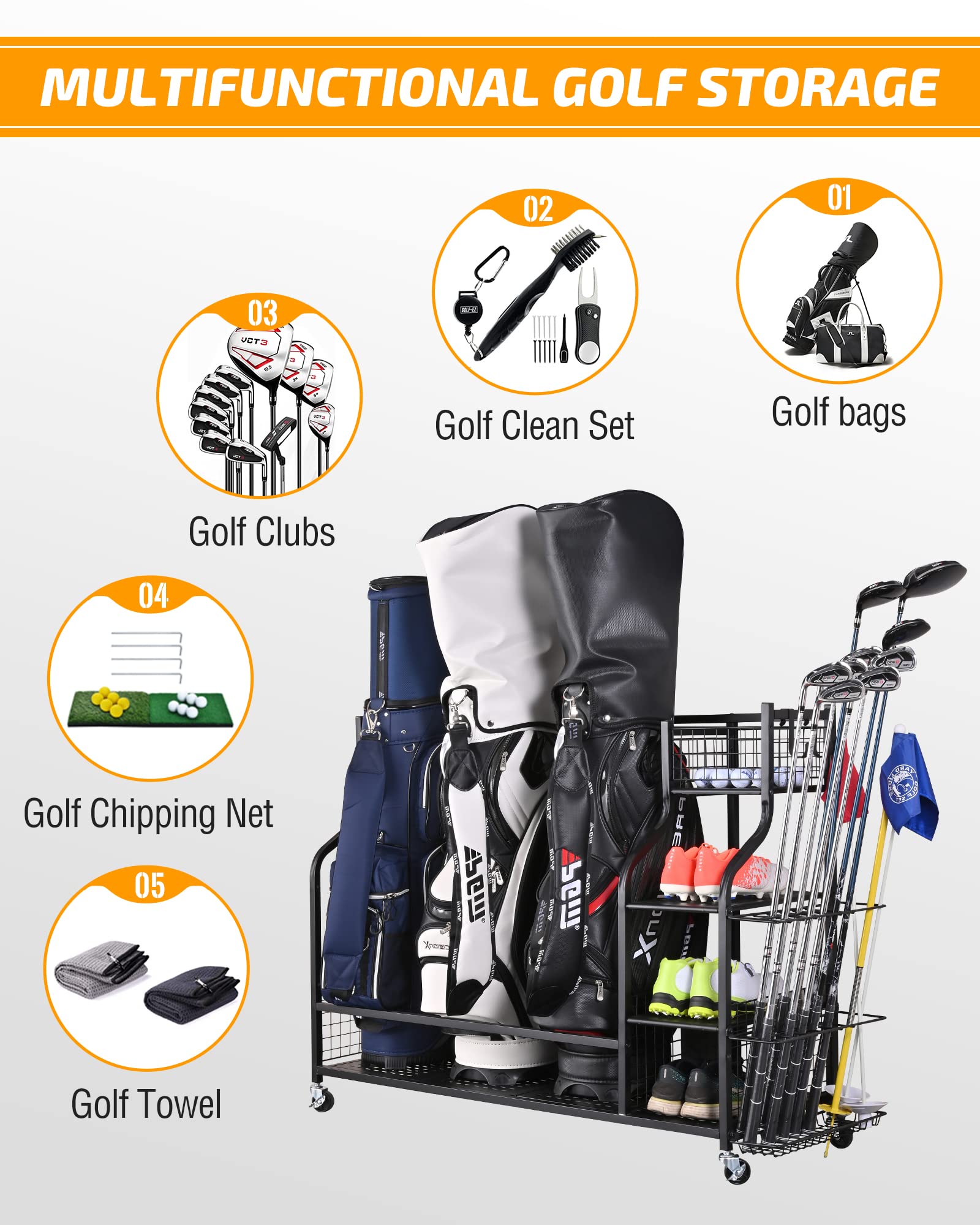 Plkow Golf Bag Storage Garage Organizer, Extra Large Size Golf Bag Storage Stand And Golf Equipment Rack For Garage,Shed, Baseme