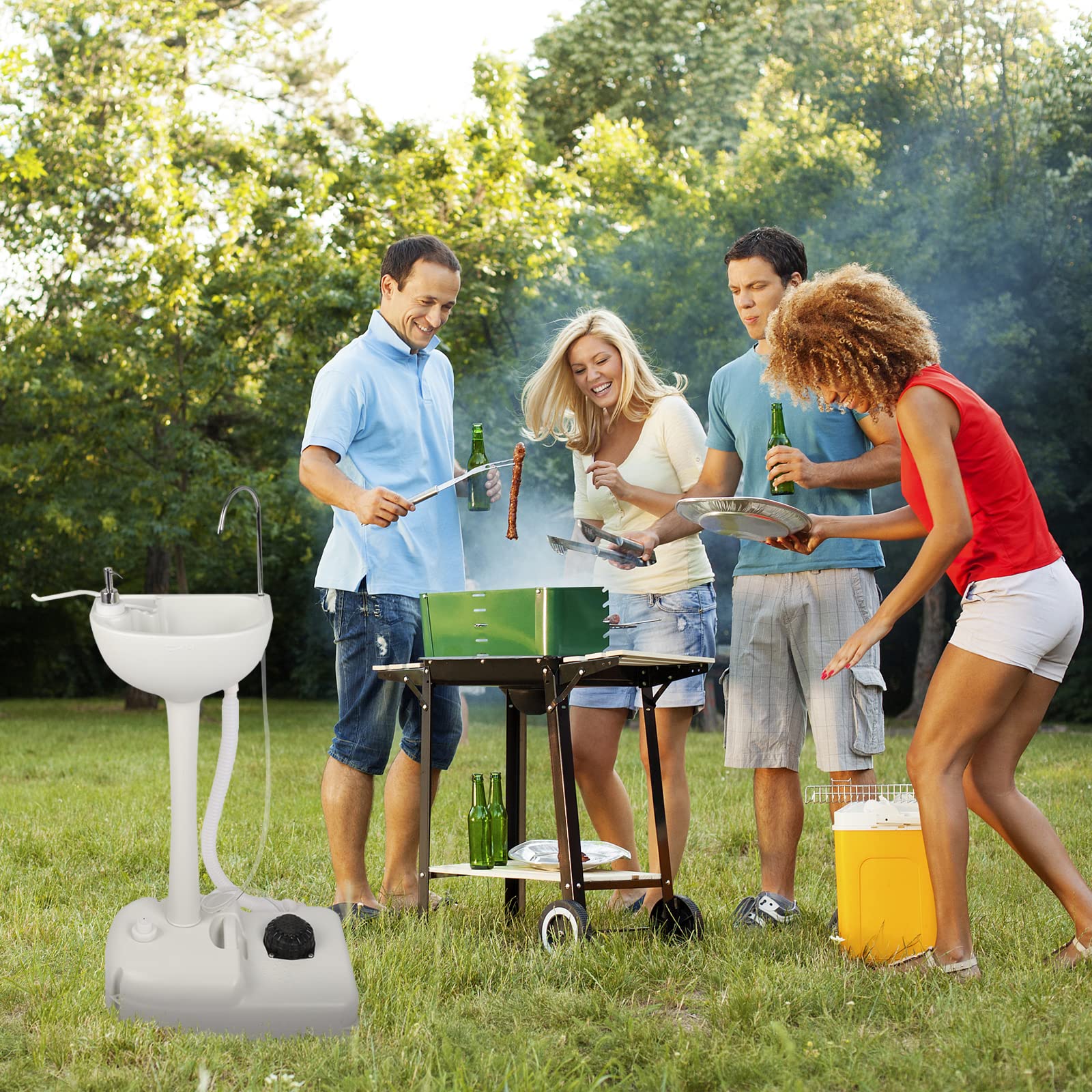 Outvita Portable Camping Sink W/ 19L Water Tank Rolling Wheels Towel Holder Soap Dispenser Faucet, Outdoor Foot Pump Washing Sta
