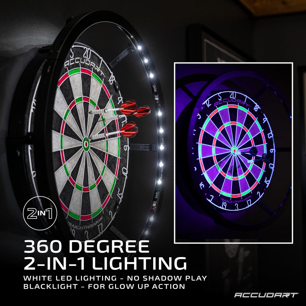 Accudart Nighthawk 2 In 1 Led/Blacklight Bristle Dartboard Surround Set - Official Size Dartboard - 360 Degree Lighting - Blackl