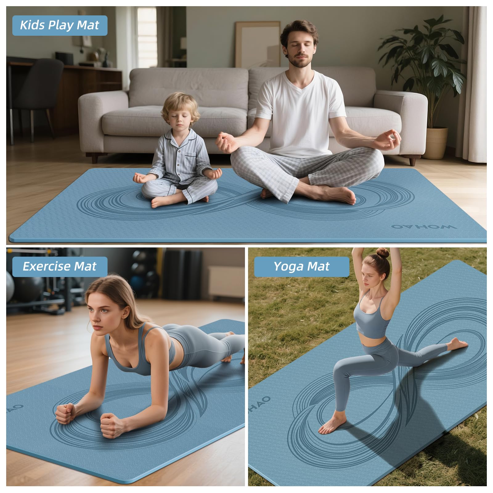 WOHAO Large 76x40x0.4 Yoga Mat - Extra Width & Thick Non-Slip Exercise Mat, Versatile for Stretching, Yoga Studio, Gym, Home & I