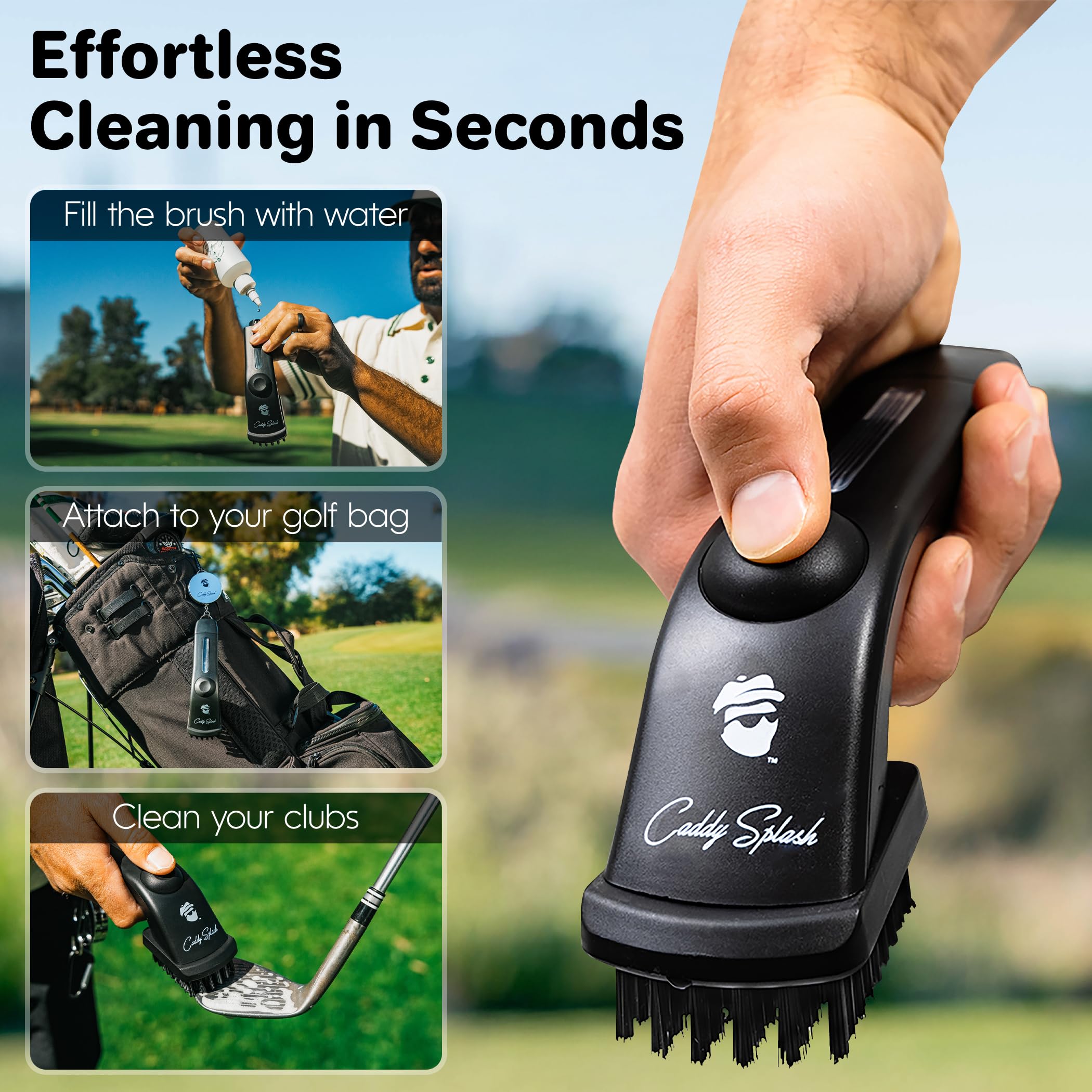 Caddy Splash Golf Club Brush Pro With Water (Black) - Heavy Duty Retractable Clip- Push Button For Easy Cleaning With Nylon Bris