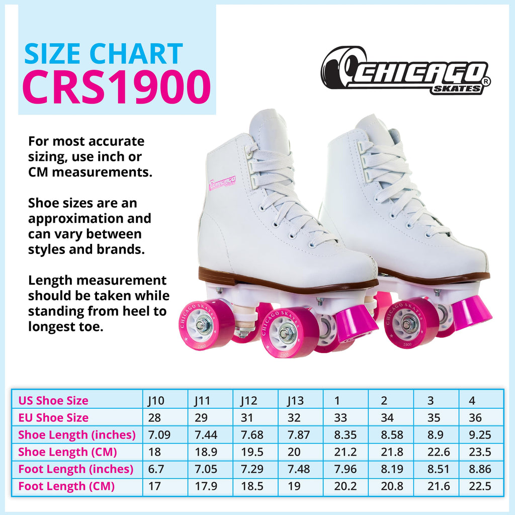 Chicago Girls Rink Roller Skates - Classic High-Top Quad Skates, Padded Ankle Collar, 54mm Urethane Wheels, Adjustable Trucks, I