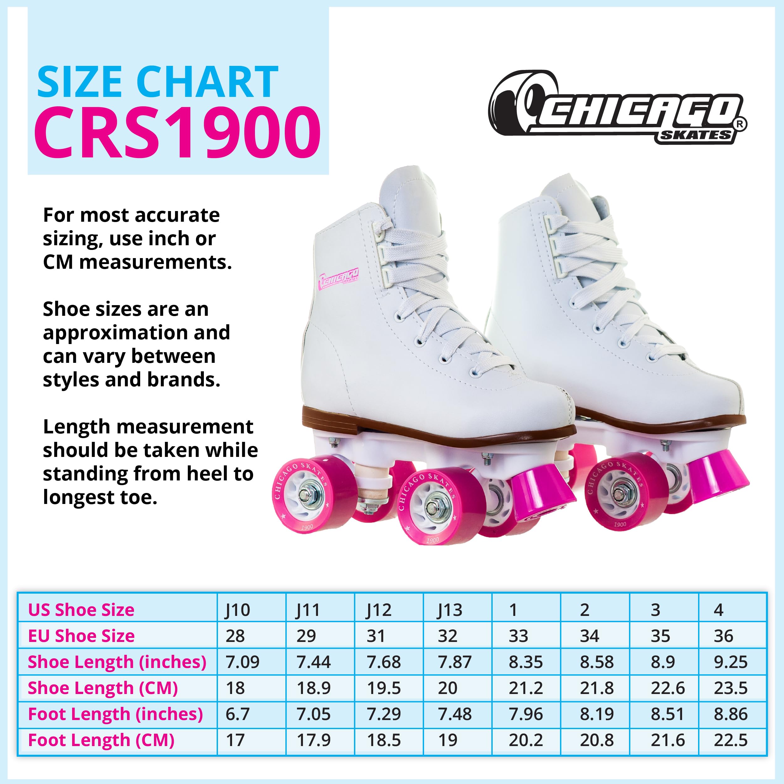 Chicago Girls Rink Roller Skates - Classic High-Top Quad Skates, Padded Ankle Collar, 54mm Urethane Wheels, Adjustable Trucks, I