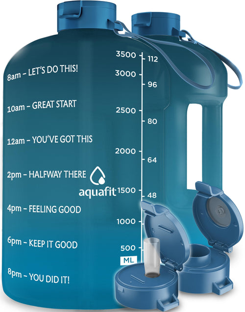 Aquafit 1 Gallon Water Bottle With Time Marker - 128 Oz Water Bottle With Straw - Gym Water Bottle With Strap, Big Water Bottle 