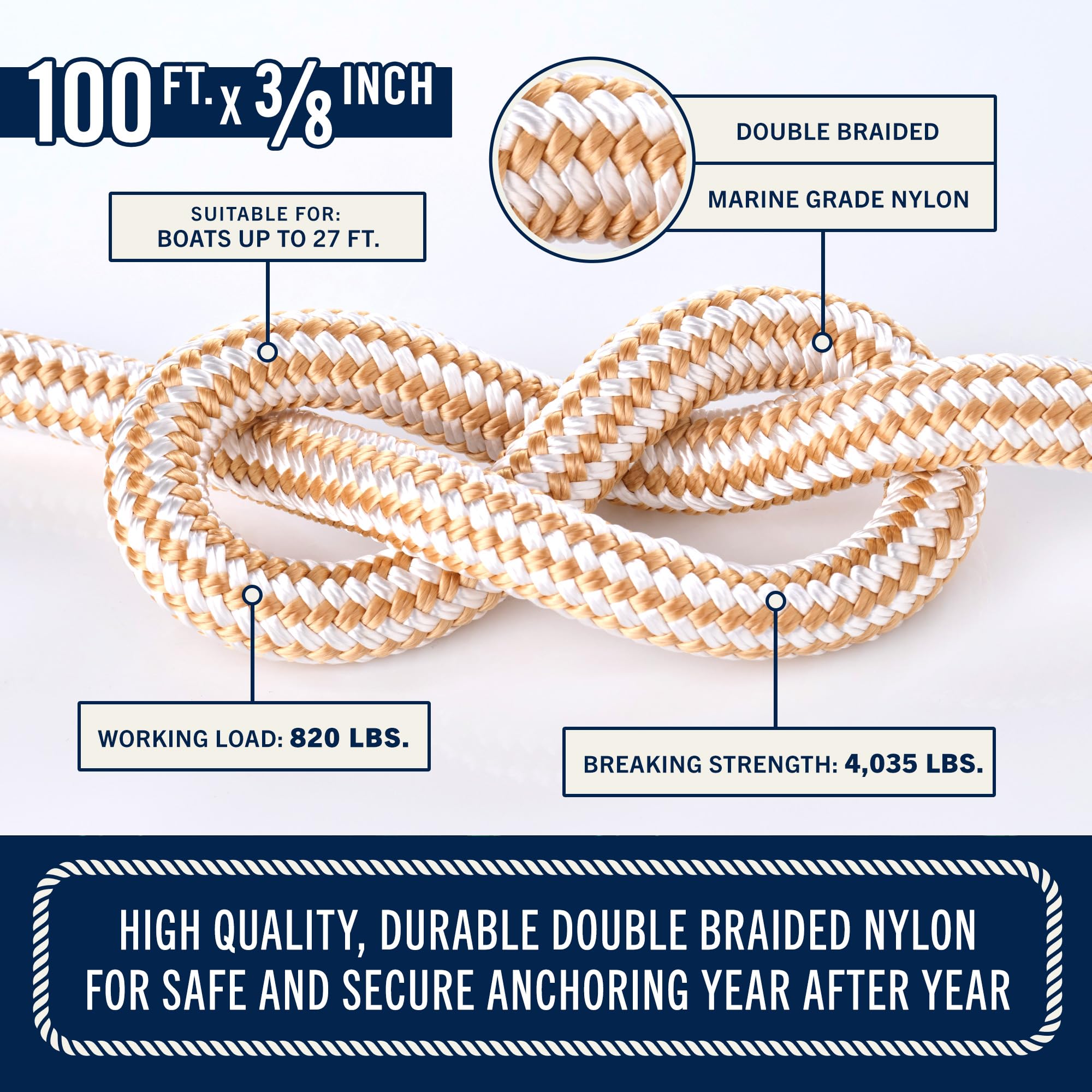 Rainiersupplyco Boat Anchor Rope - Double Braided Marine Rope Anchor Line - 100 Ft X 3/8 Inch Nylon Boating Line With 316 Stainl