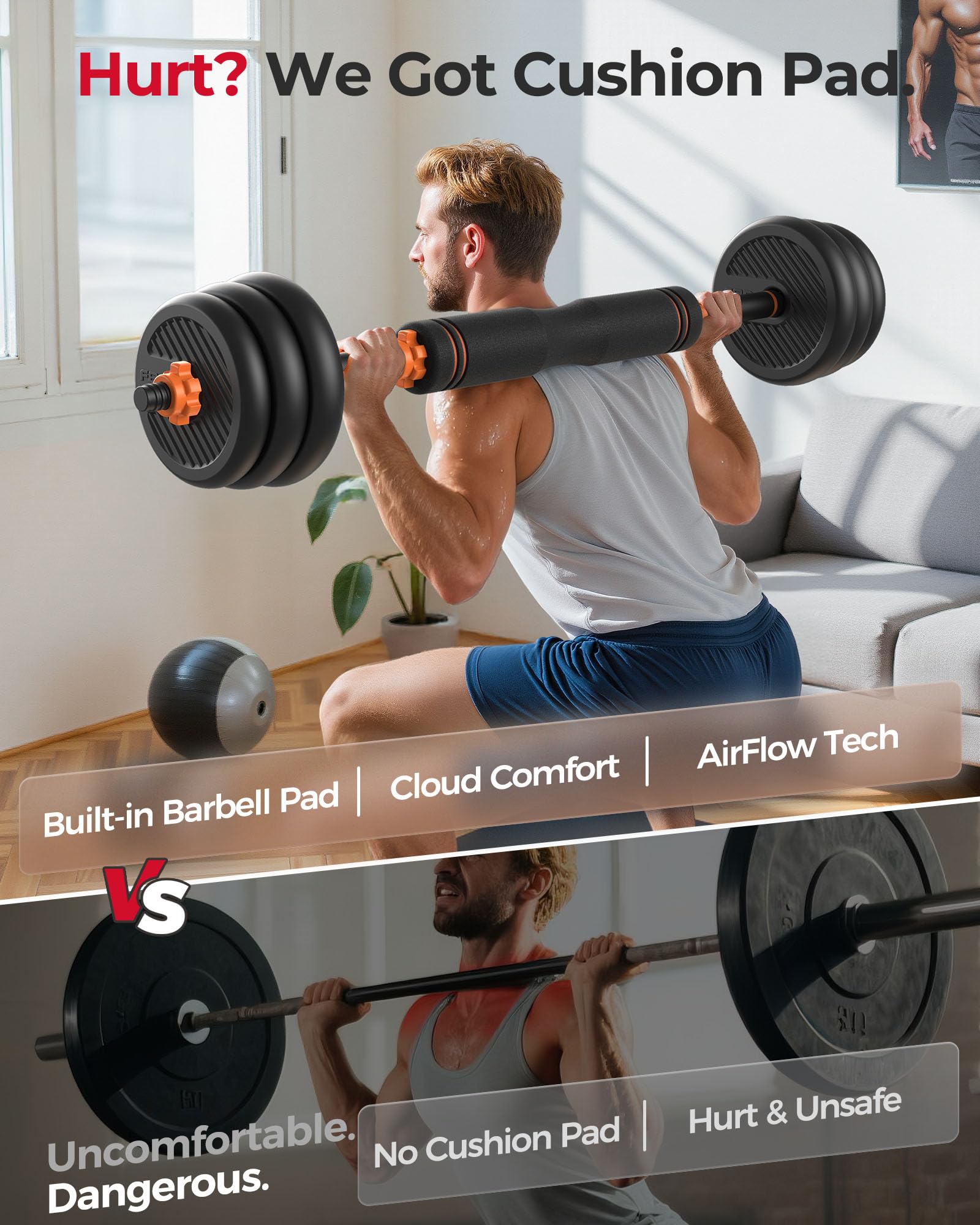 FEIERDUN 4-in-1 Adjustable Dumbbells,48lbs Free Weight Set for Home Gym - Use as Barbell, Kettlebells, Push-Up Stand - Ideal for