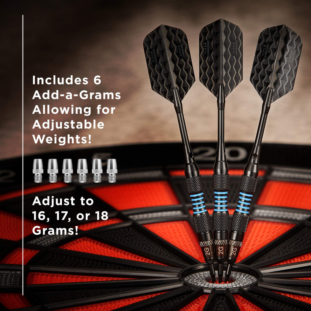 Viper Bobcat Adjustable Weight Soft Tip Darts With Storage/Travel Case: Black Coated Brass, Blue Rings, 16-18 Grams