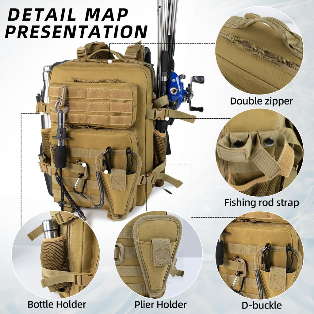 Small Tactical Fishing Tackle Backpack With Removable Plier Holder & Rod Holders Storage Fishing Gear And Equipment Tackle Bag F