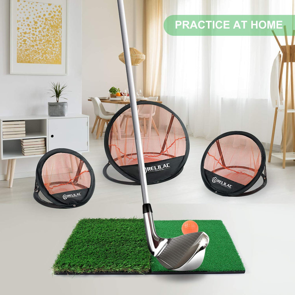 Relilac 3 Piece Golf Chipping Net With Dual Turf Hitting Mat And 12 Foam Training Balls - Indoor/Outdoor Golfing Target Accessor