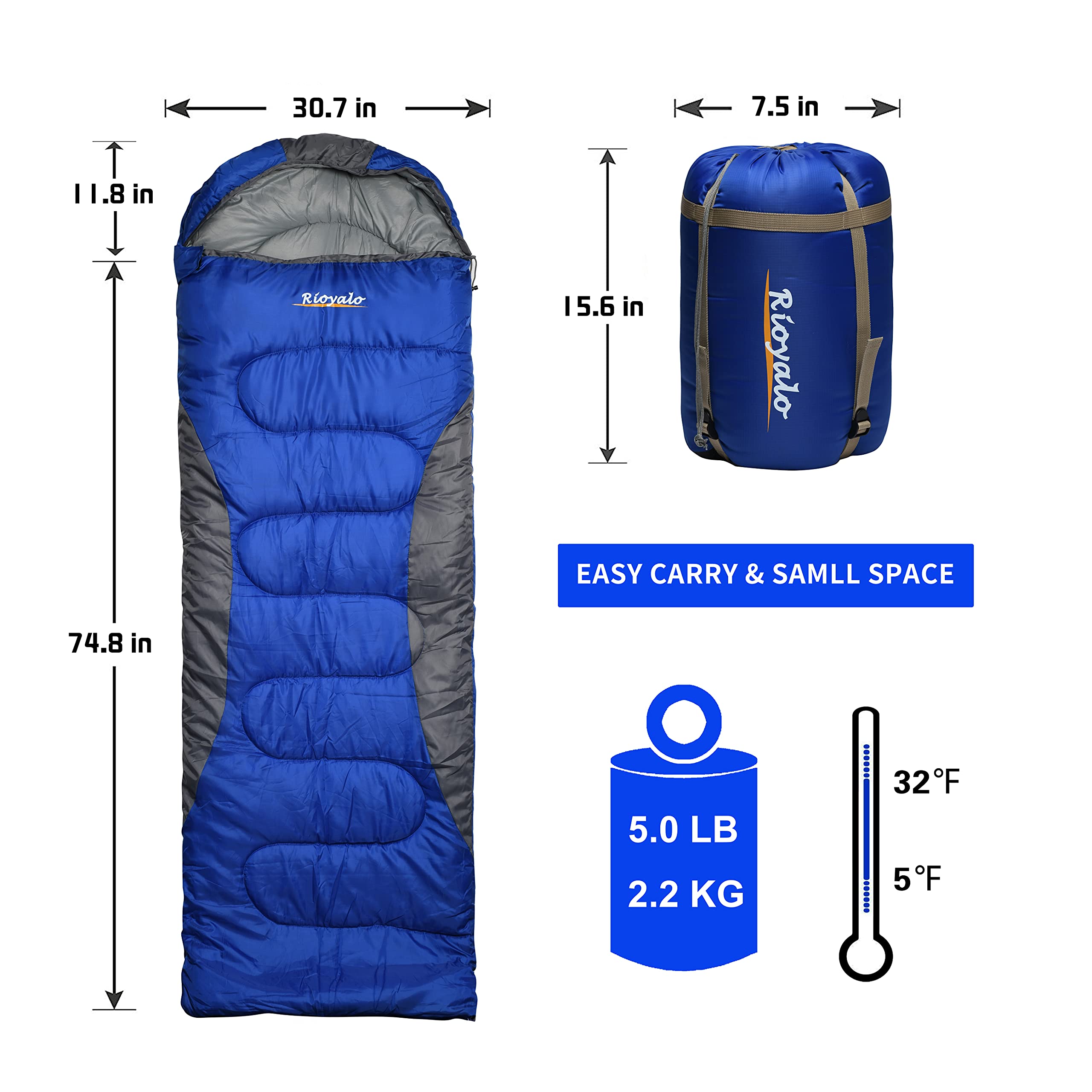 0 Degree Winter Sleeping Bags For Adults Camping (350Gsm) -Temp Range (5F - 32F) Portable Waterproof Compression Sack- For Big A