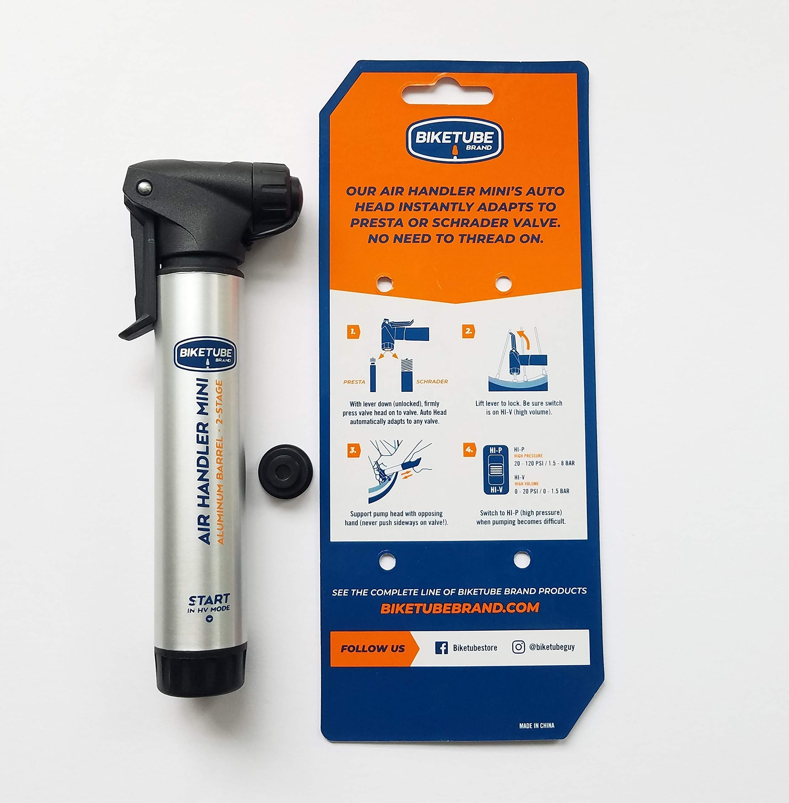 Biketube Brand Air Handler Mini Bike Pump | Two-Stage Pumping | Bicycle Accessories | Aluminum Barrel | Fits Presta And Schrader