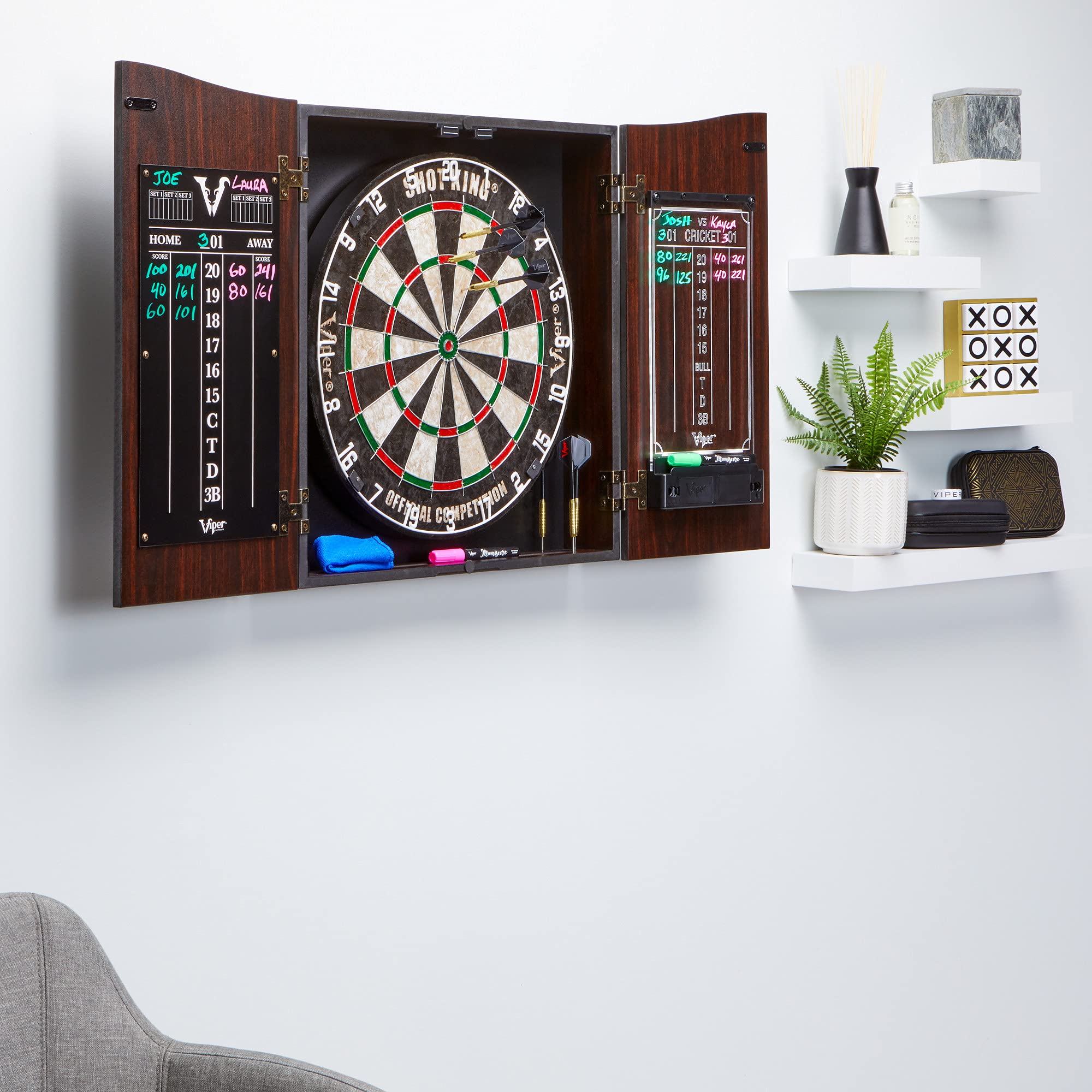 Viper By Gld Products Vault Deluxe Dartboard Cabinet With Shot King Sisal Dartboard And Illumiscore Scoreboard, Wood