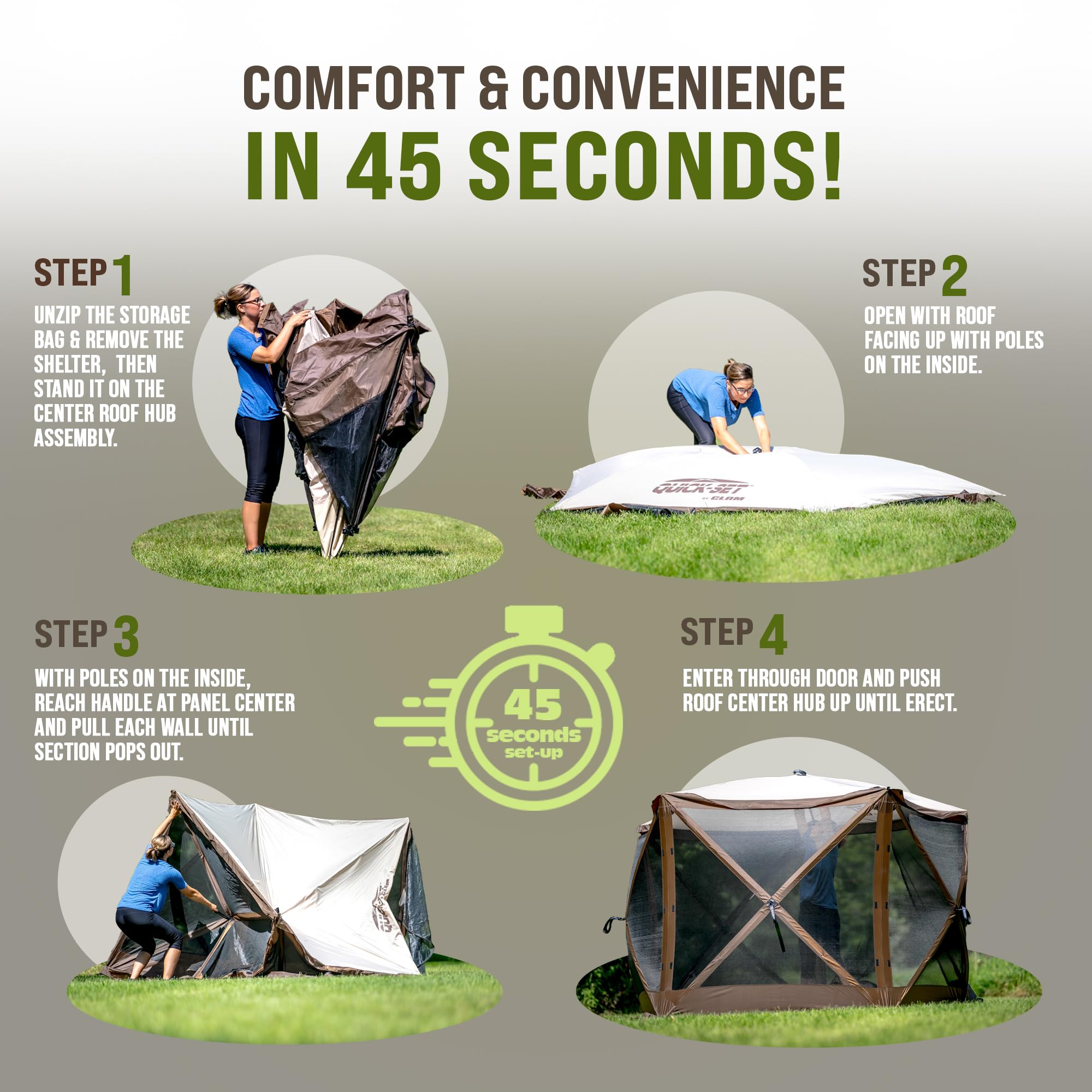 Clam Pop Up Screen Tent, Outdoor Camping Gazebo Canopy, Escape, 11.5', Green - Heavy-Duty Portable Screened Shelter With Netting