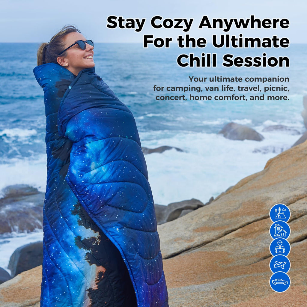 Kingcamp Ultralight Camping Blanket, Packable Down Alternative Puffy Printed Wearable Blanket With Snap Buttons & Corner Loops W