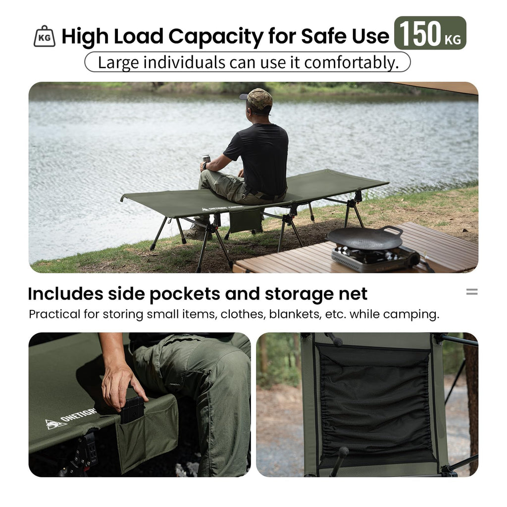 Onetigris Supranubis Camping Cot, Height Adjustable With Cot Leg Extenders, Strong Support 330Lbs, Lightweight Comfortable Foldi
