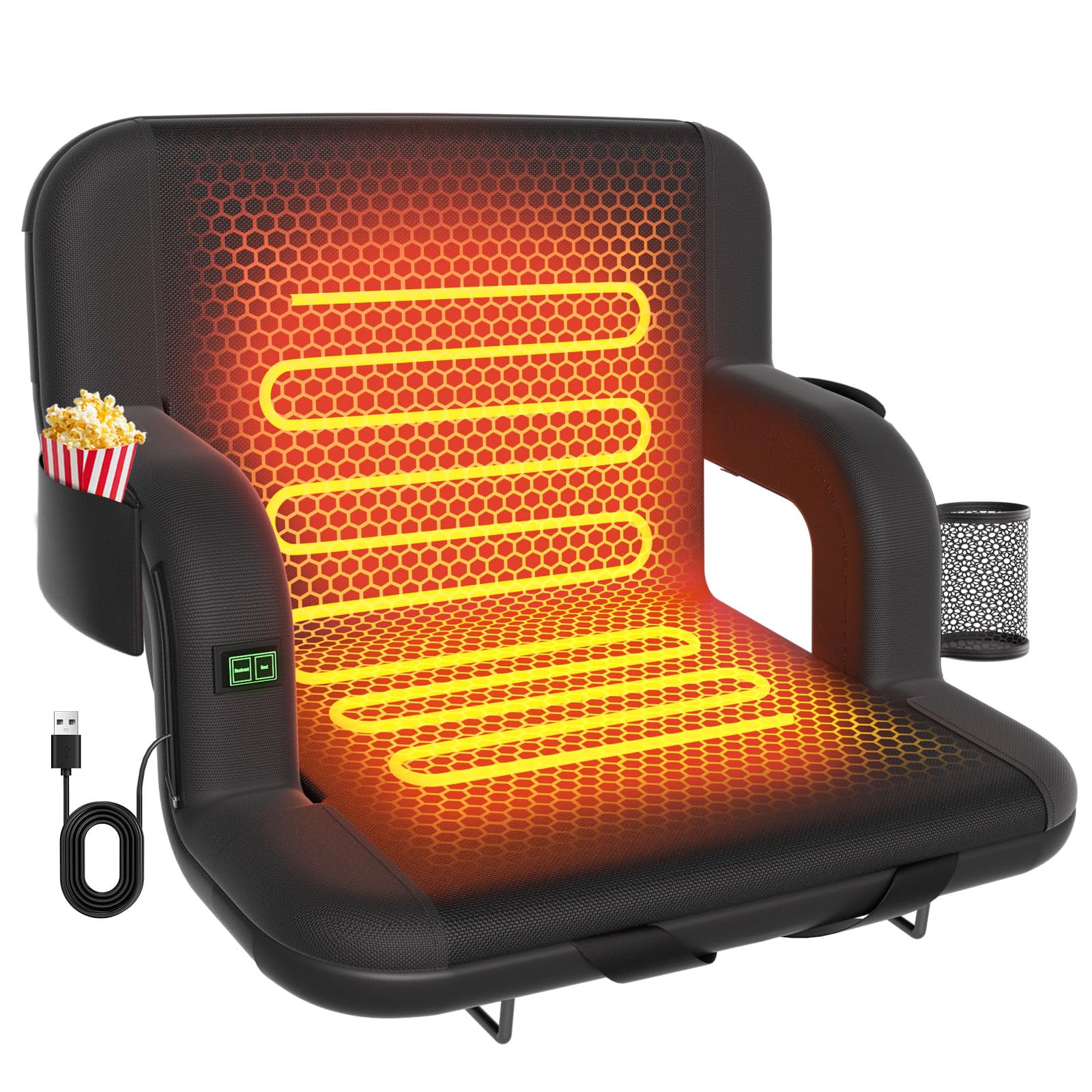 DEKEMASTER Heated Stadium Seat for Bleachers with Back Support, 25 inch Extra Wide Portable Bleacher Chair with Back and Cushion