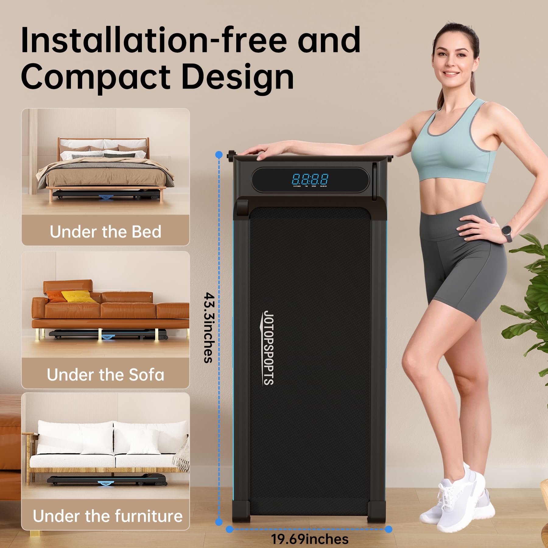 Modida 2-In-1 Under Desk Treadmill, Foldable Walking Pad For Home Office, Portable Electric Treadmill With Remote Control & Led