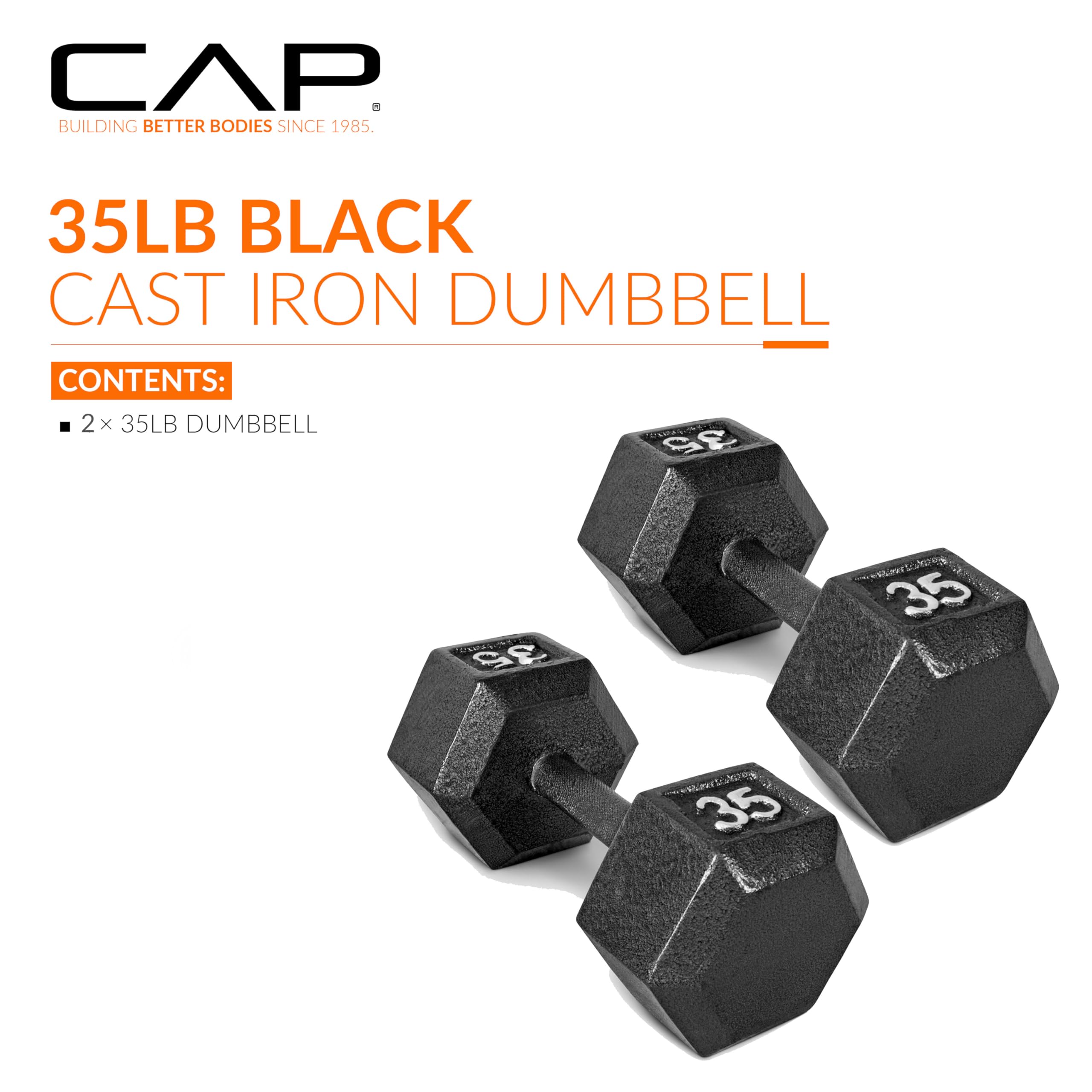 CAP Barbell 35 LB Cast Iron Hex Dumbbell Hand Weight - Pair | Black