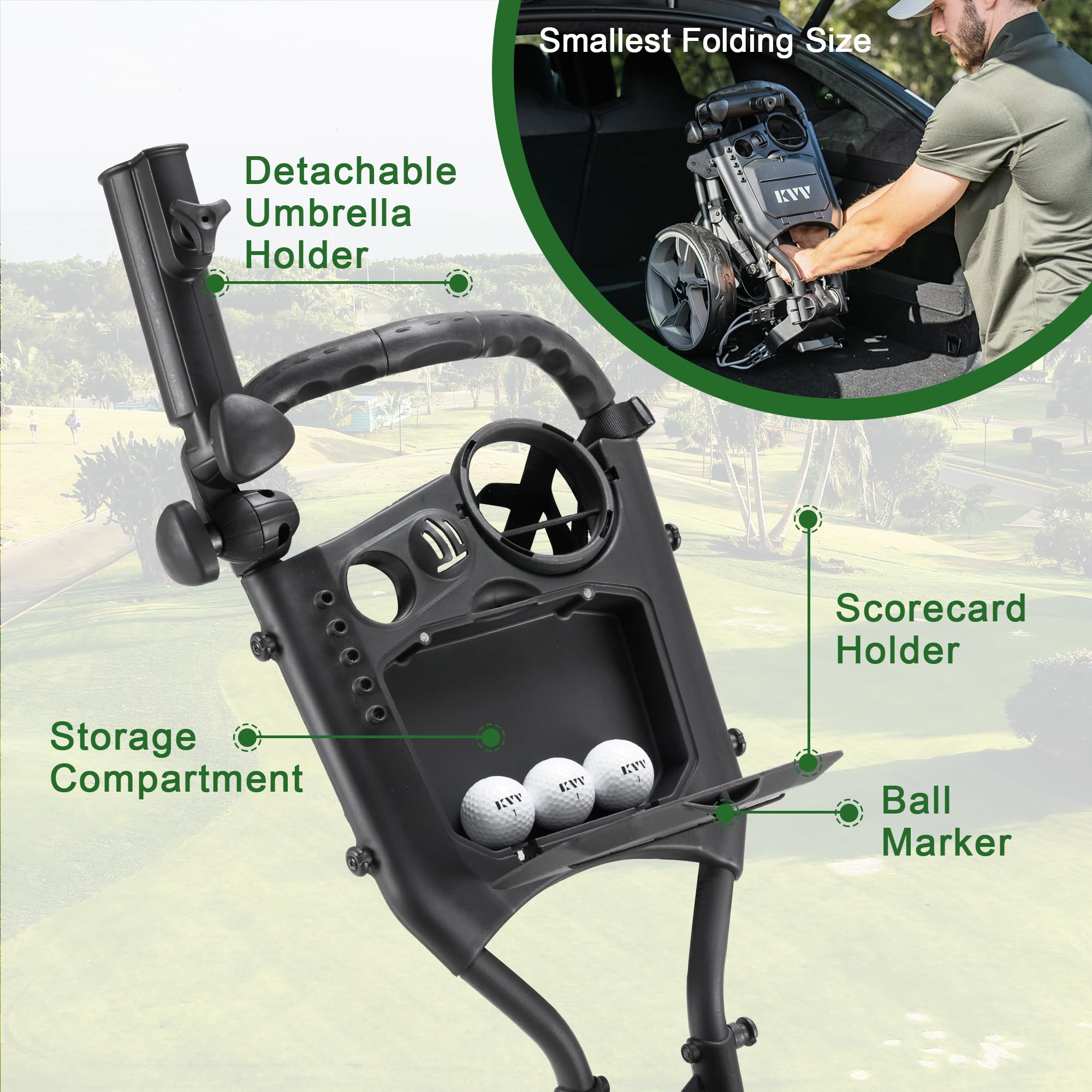 Kvv 3 Wheel Foldable/Collapsible Golf Push Cart Ultra Lightweight Smallest Folding Size, New-Version Scorecard Holder Umbrella H