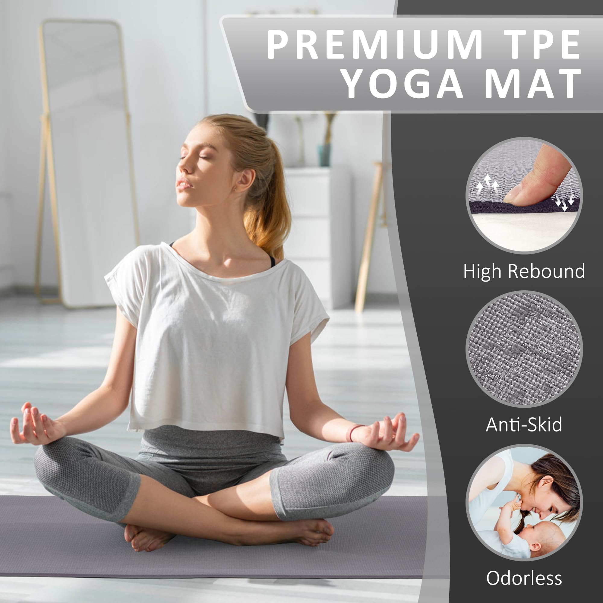 Fitvids All Purpose 1/4-Inch High Density Anti-Tear Exercise Yoga Mat With Carrying Strap And Yoga Blocks, Gray