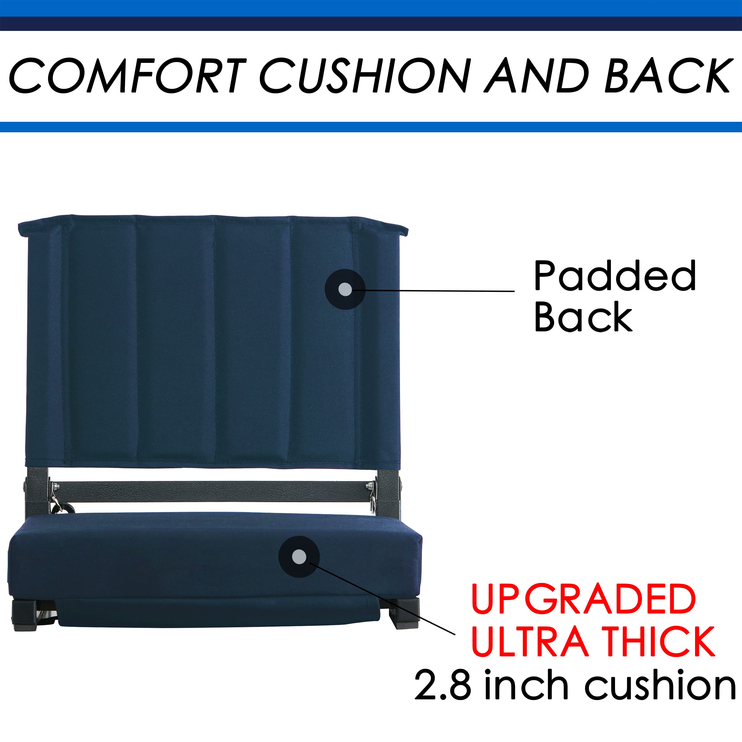 Sport Beats Navy Blue Stadium Seat For Bleachers With Back Support And Wide Padded Cushion Stadium Chair - Includes Shoulder Str