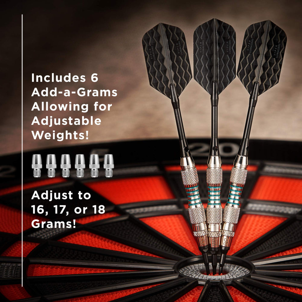 Viper Bobcat Adjustable Weight Soft Tip Darts With Storage/Travel Case: Nickel Silver Plated, Light Blue Rings, 16-18 Grams
