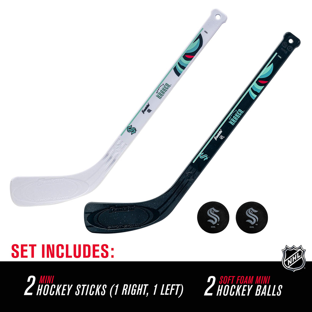 Franklin Sports Seattle Kraken Nhl Mini Hockey Stick Set - Nhl Team Knee Hockey Stick And Ball Set - Two Player Stick Set - Grea