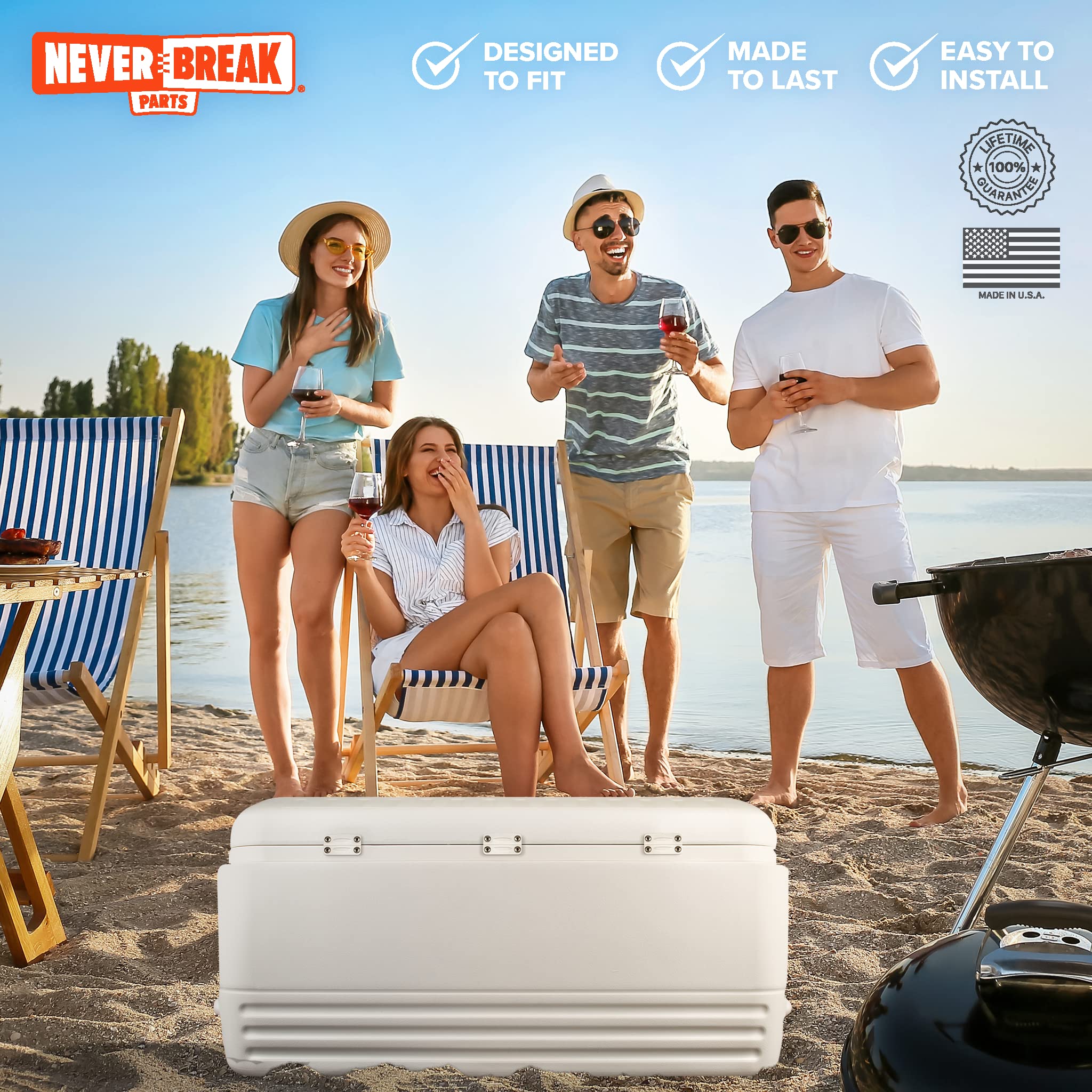 Neverbreak Parts - Igloo Cooler Replacement Parts - Large White Kit (3 Hinges, 2 Latches With Posts And Screws)  High Strength I