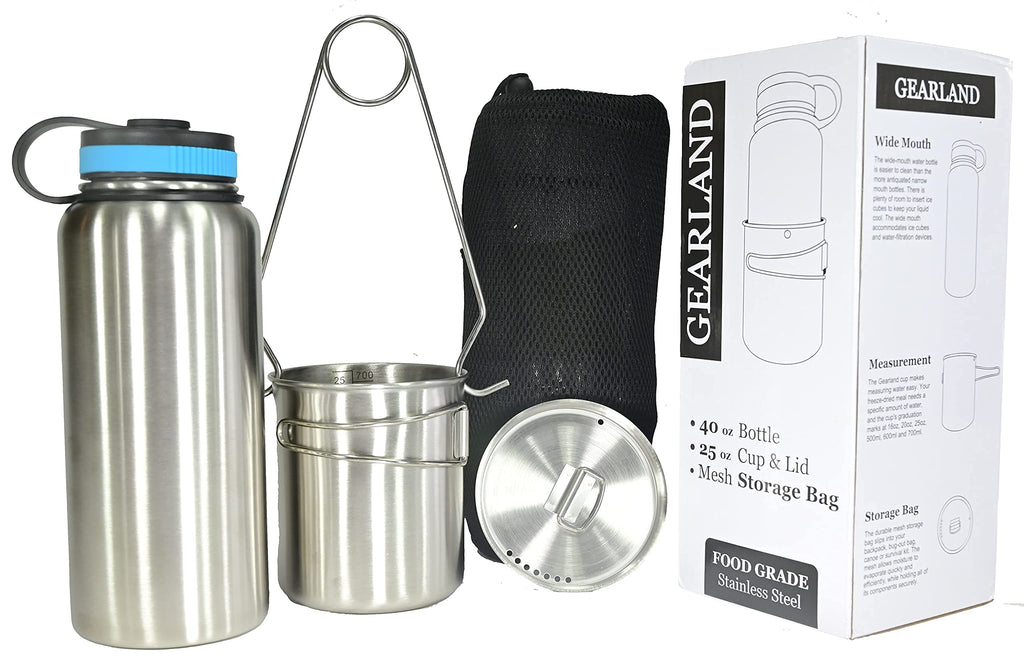 Gearland Canteen Stainless Steel Water Bottle With Nested Camping Cup And Lid For Bug Out Bag, Bushcraft Gear, Metal Canteen Wit