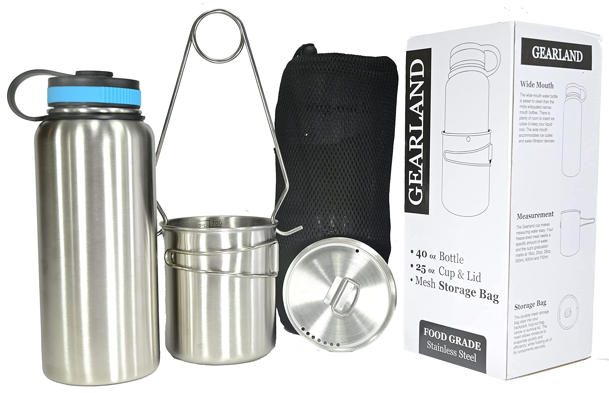 Gearland Canteen Stainless Steel Water Bottle With Nested Camping Cup And Lid For Bug Out Bag, Bushcraft Gear, Metal Canteen Wit