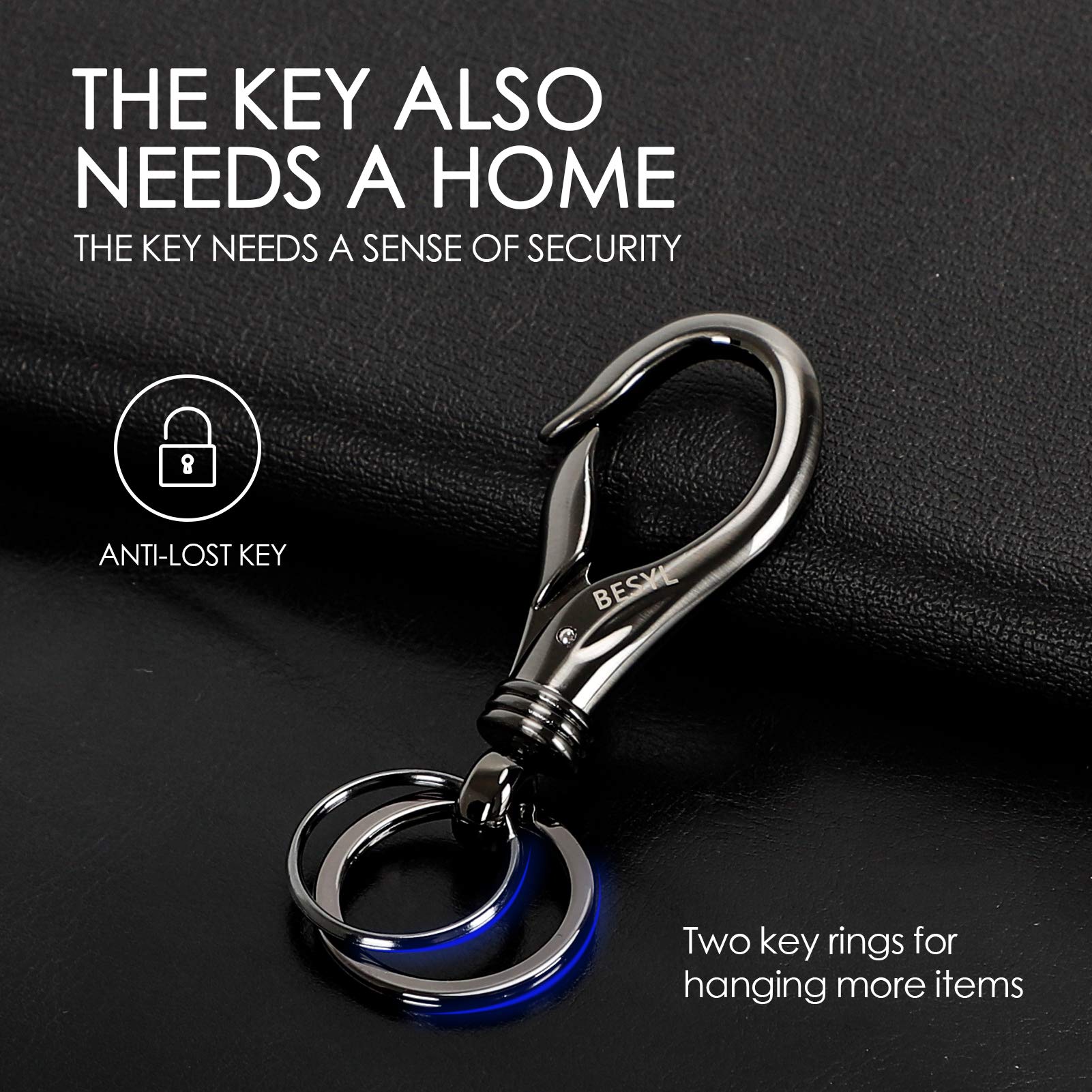Besyl Black Commerce Keychain With 2 Key Rings, Office And School Heavy Duty Car Key Chain For Men And Women