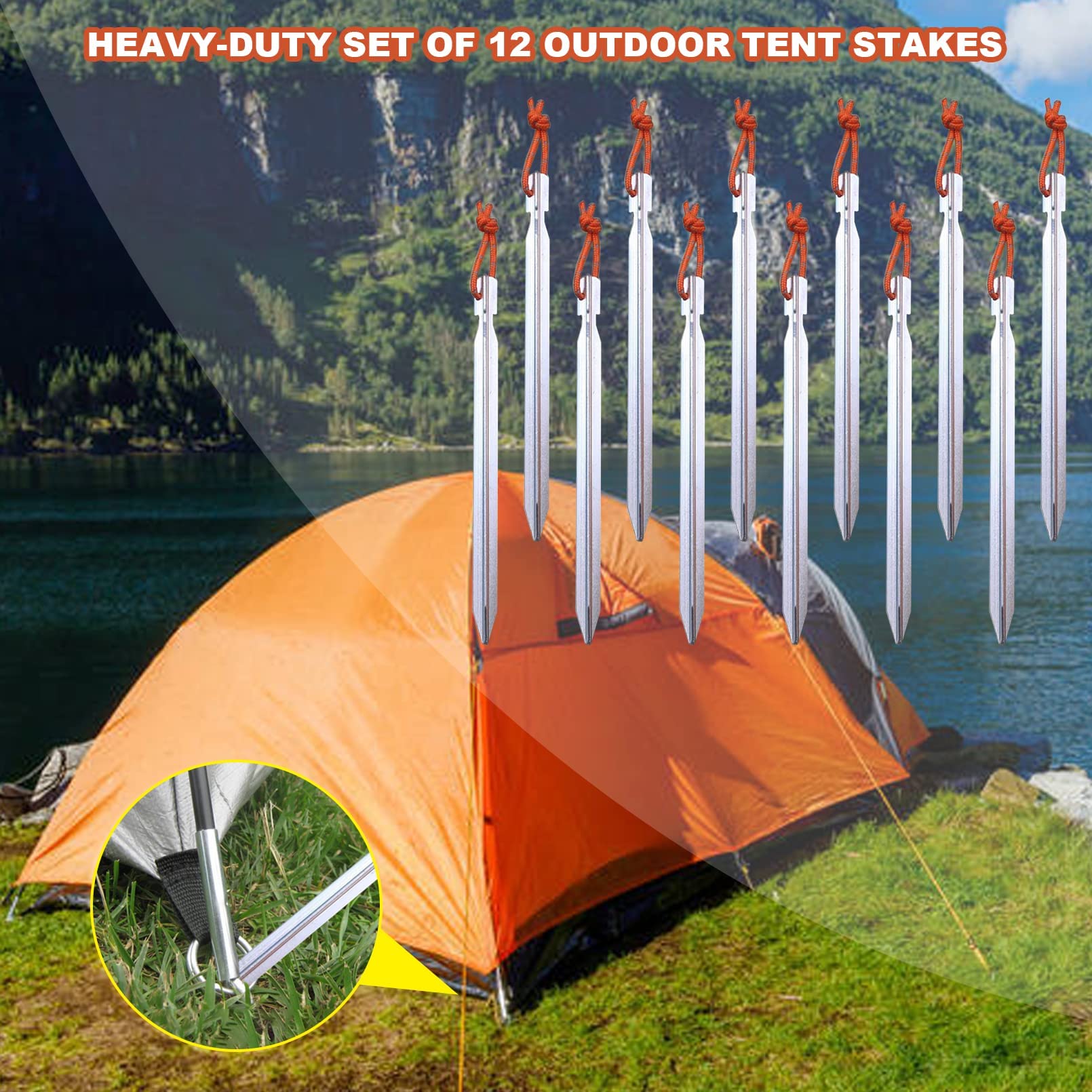 12 Pack Tent Stakes, 7075 Ground Metal Camping Aluminum Tent Pegs, Lightweight Stakes Heavy Duty Spikes Camping Accessories, Sil