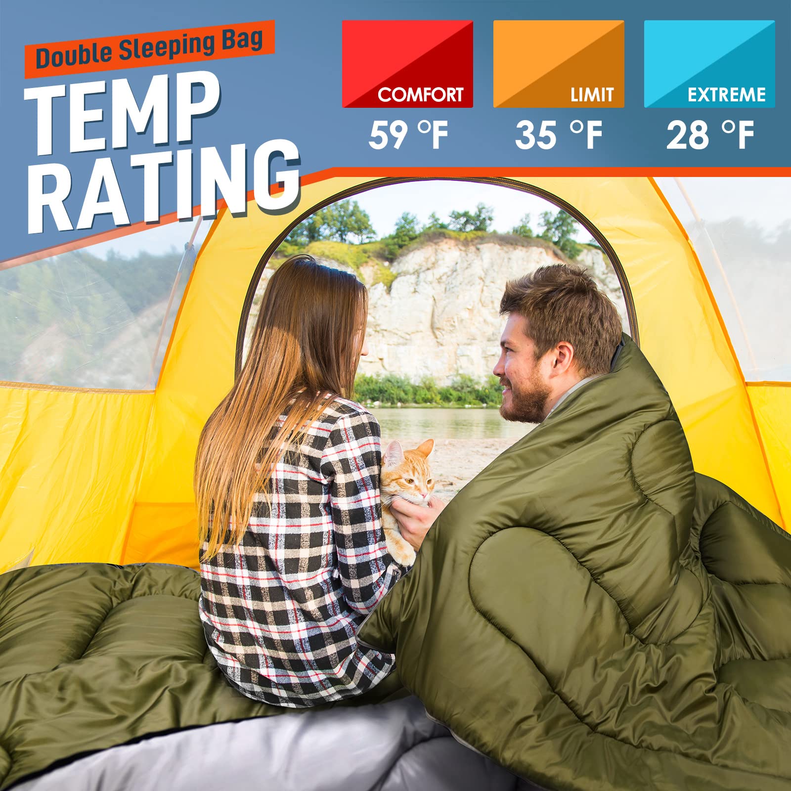Mereza Double Sleeping Bag For Adults Mens With Pillow, Xl Queen Size For All Season Camping Hiking Backpacking 2/Two Person Sle