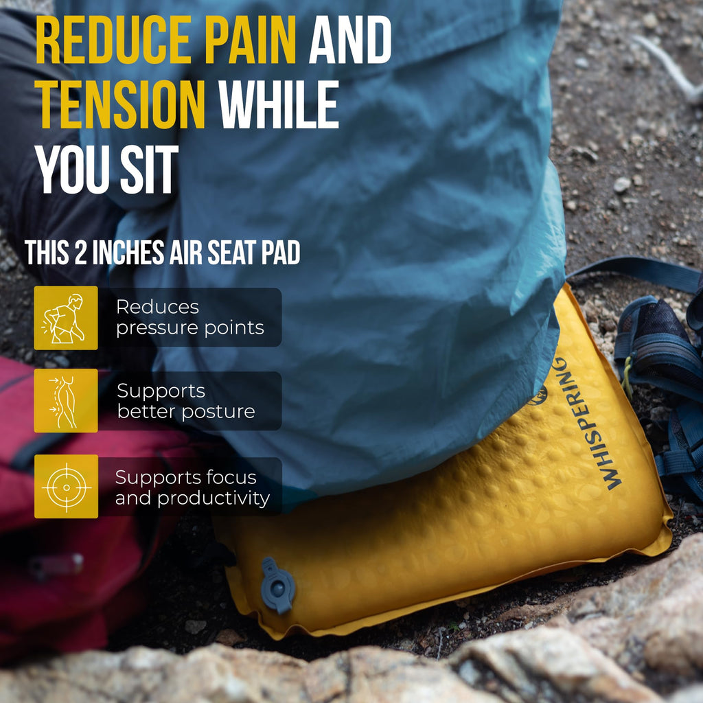Whispering Winds Inflatable Seat Cushion For Air Travel, Stadium, Hiking, Airplane - Lightweight, Leakproof Self-Inflating Seat