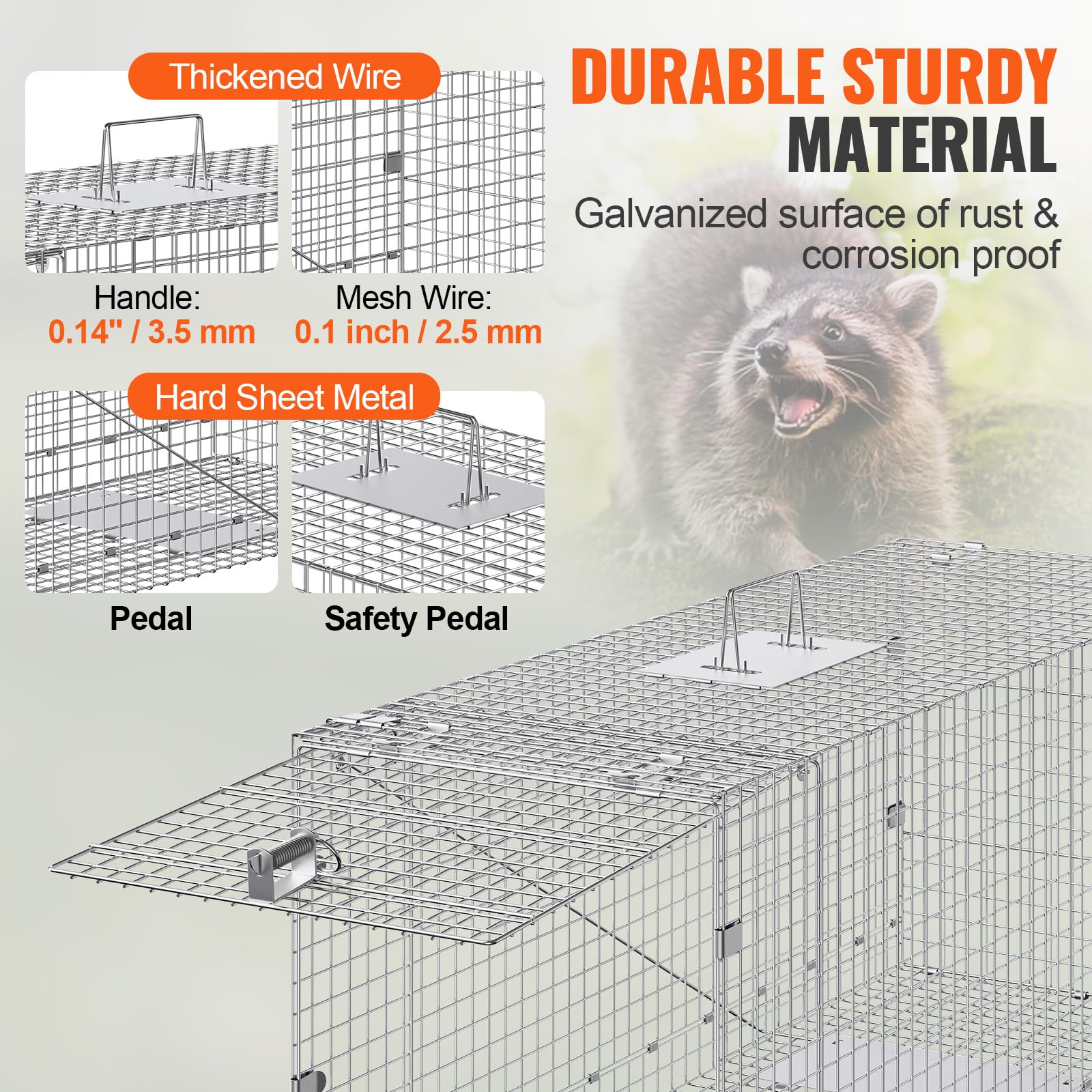 Vevor Live Animal Cage Trap, 50'' X 20'' X 26'' Humane Cat Trap Galvanized Iron, Folding Animal Trap With Handle For Stray Dogs,