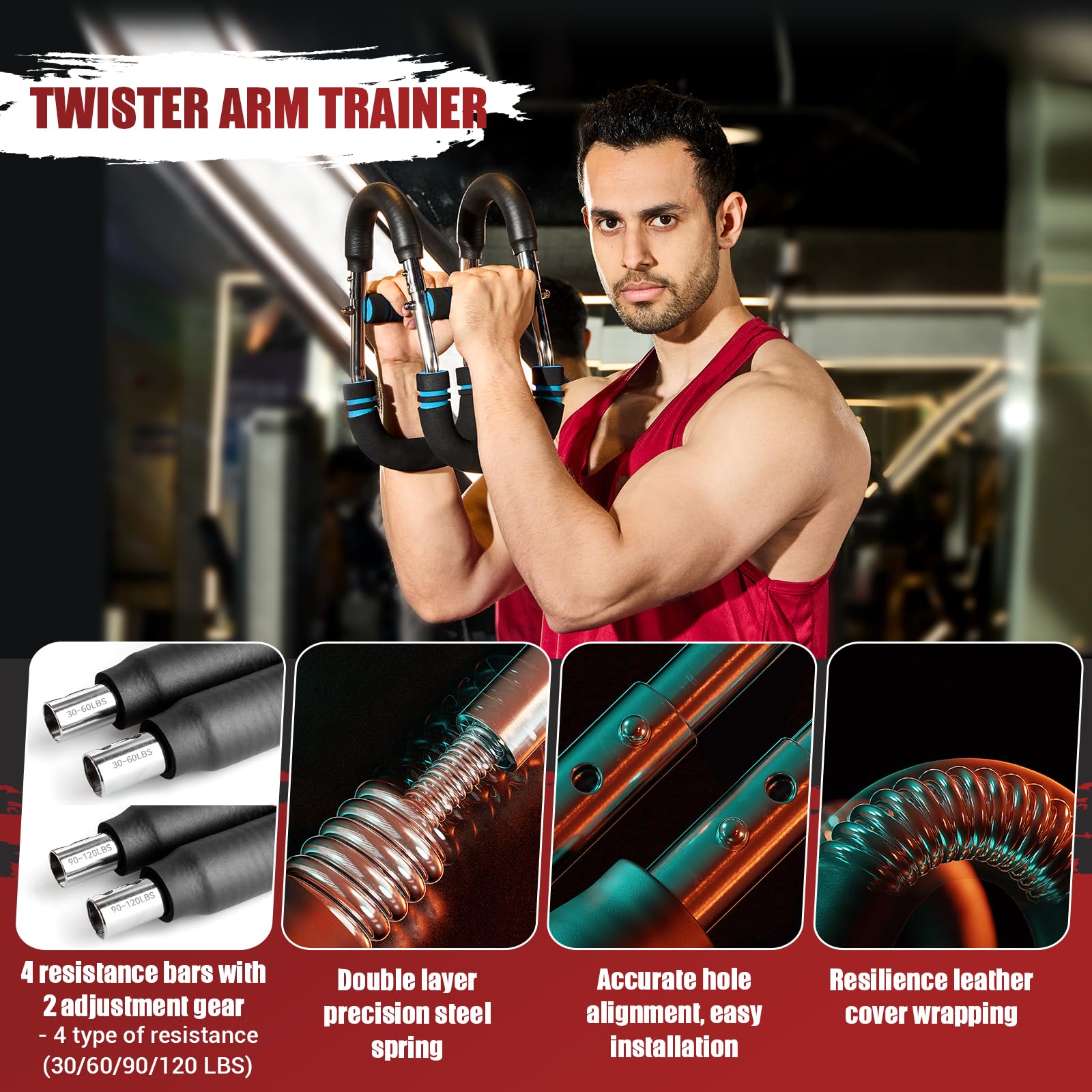 Twister Arm Trainer, 30-120 lbs Adjustable Twister Arm Chest Exerciser with 2/4 Spring & Poster for Men & Women, Detachable Powe